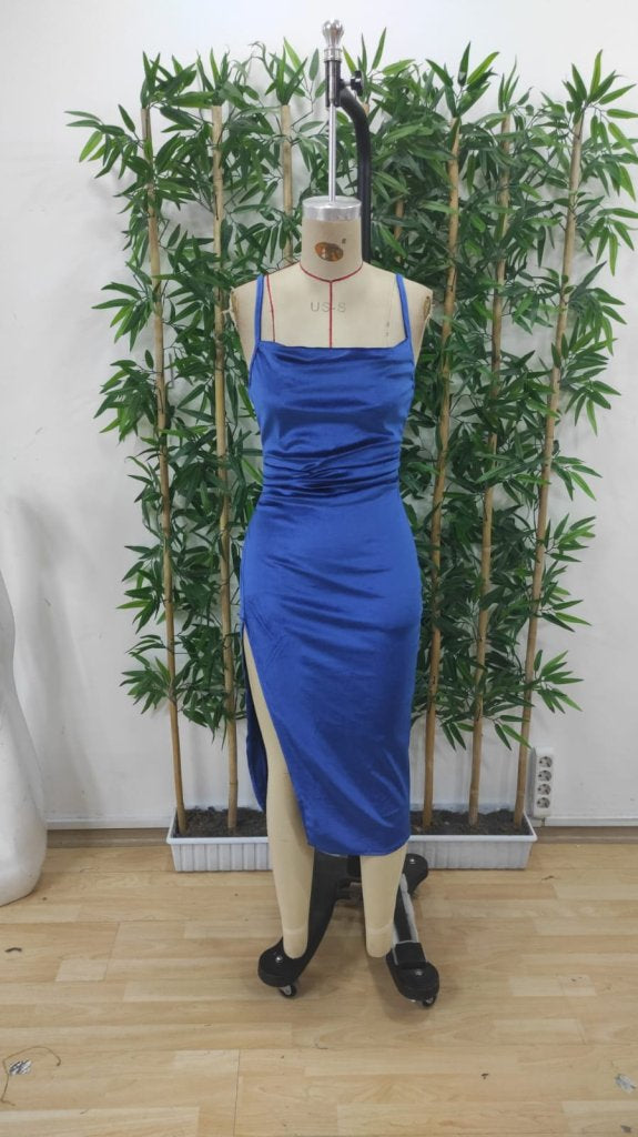 Women's Strappy Cowl Neck Slit Velvet Midi Dress, 25609