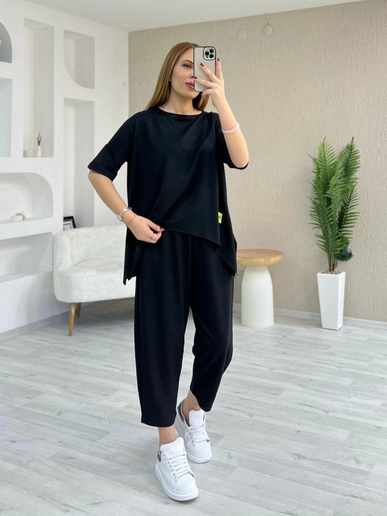 Kadın Kısa Kollu Bisiklet Yaka Viskon Iki Iplik Bluz Ve Pantolon Ikili Takım , 37760