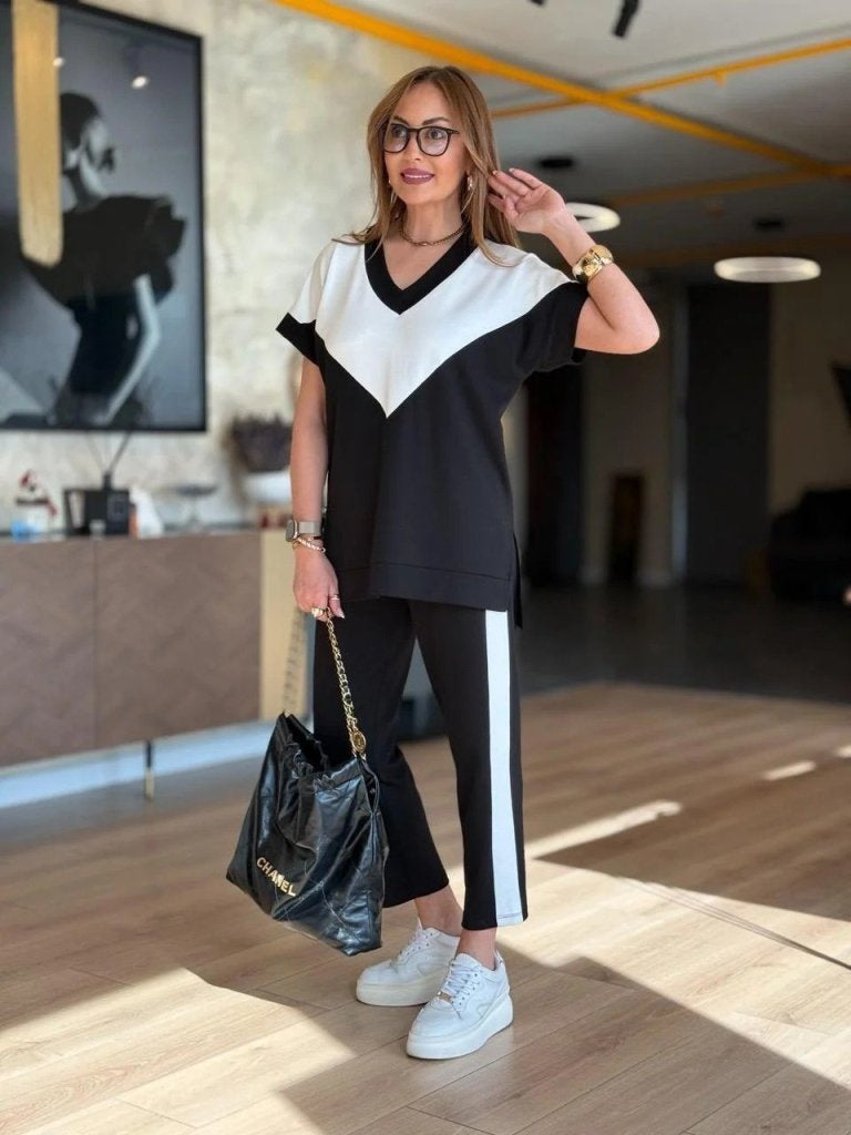 Kadın Kısa Kollu V Yakalı çift Renkli Viskon Iki Iplik Ikili Bluz Ve Pantolon Takım, 35978