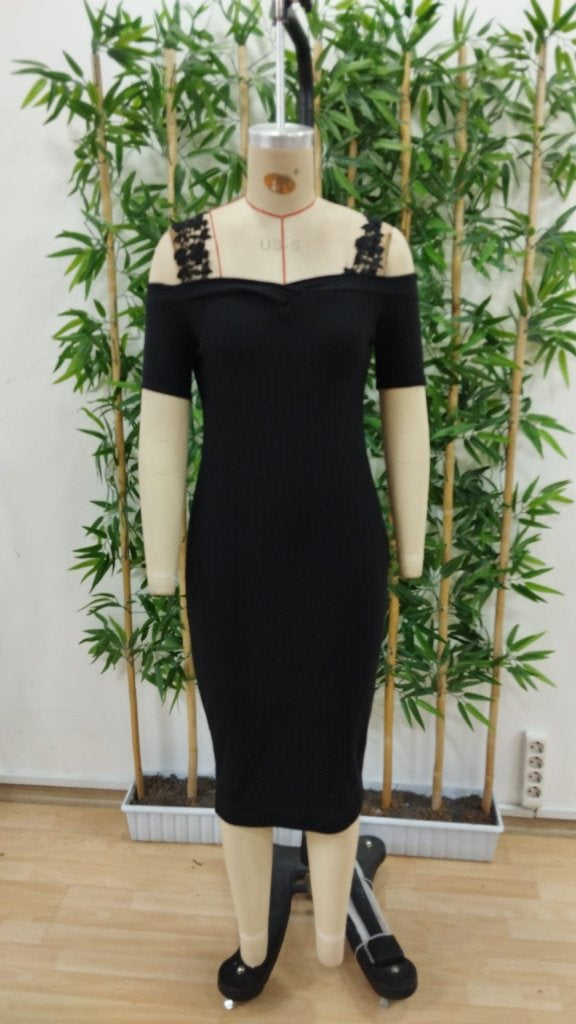 Women's Off-Shoulder Lace Strappy Ribbed Corset Midi Dress, 24903