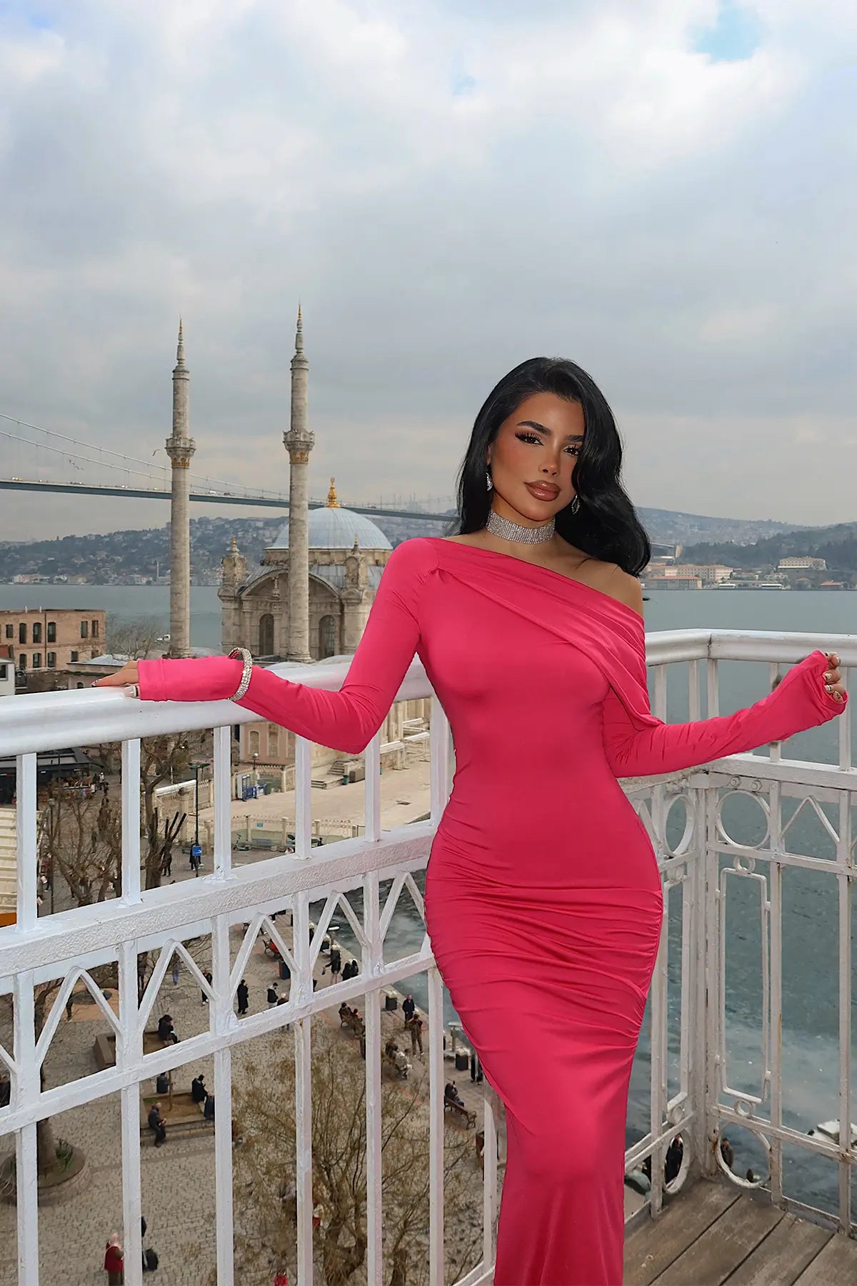 Fuşya Omuz Detay Uzun Elbise