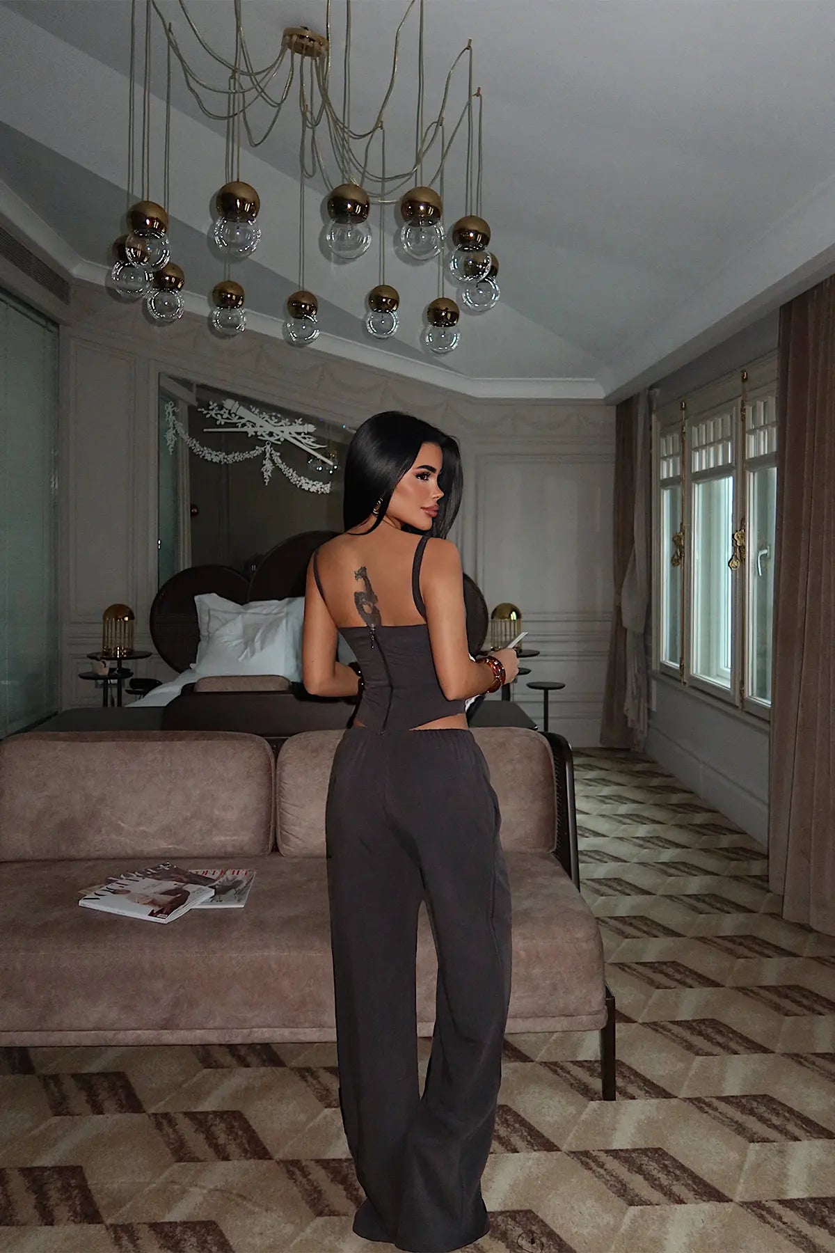 Füme Askılı Pantolonlu Takım