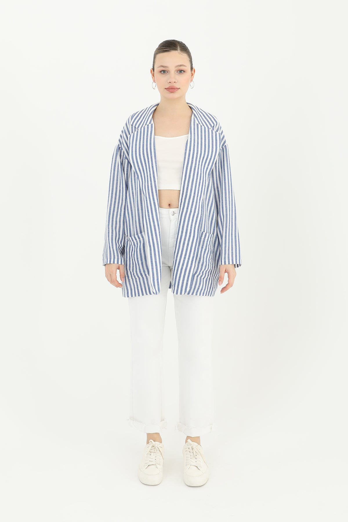 Kadın Çizgili Keten Ceket - 10433CKT - INDIGO