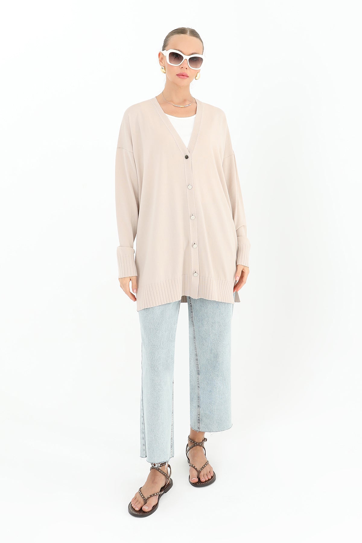 Kadın Çiçek Kabartmalı Basic Tunik - 10482TUN - BEIGE