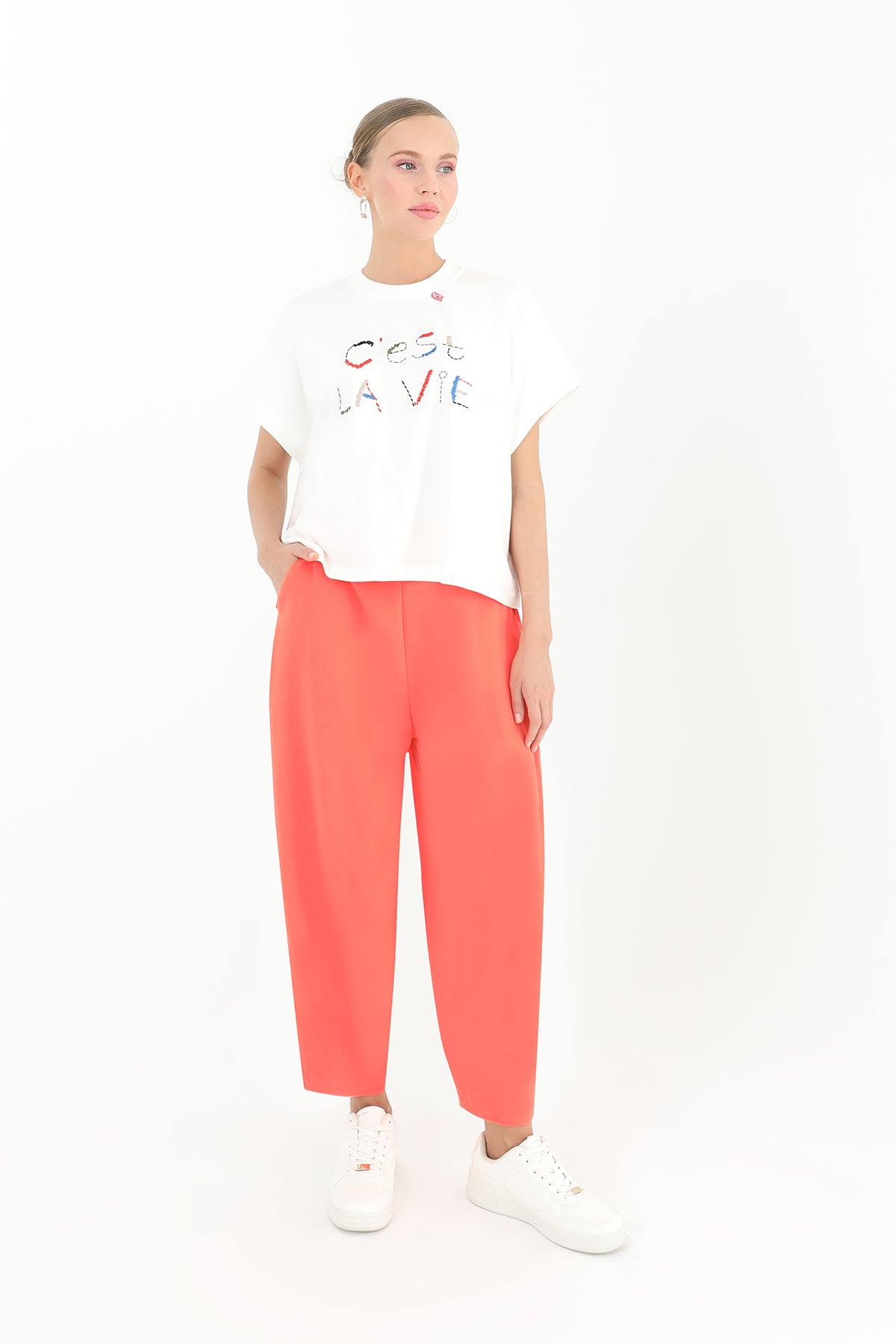Kadın Linda Kumaş Şalvar Form Pantolon - 18166PNT - CORAL