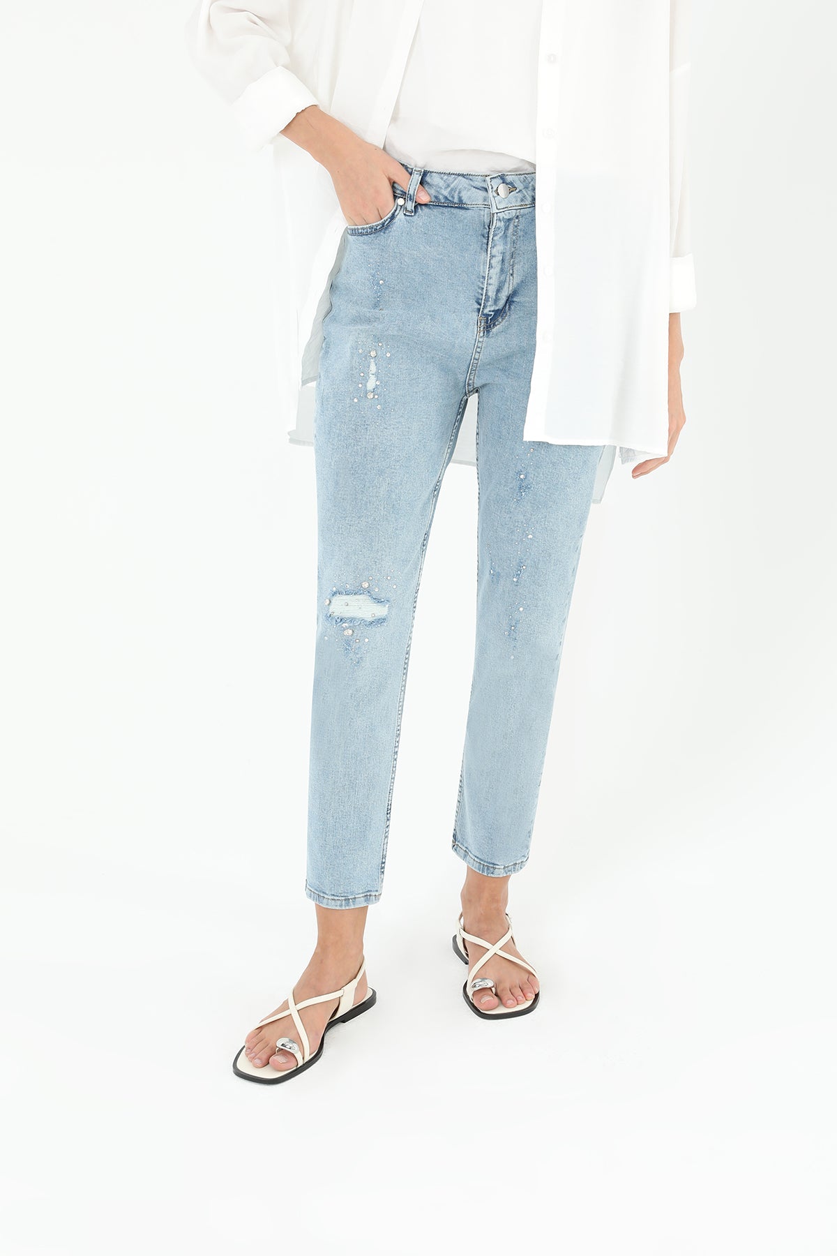 Kadın Yırtık Detaylı Kot Denim Pantolon - 18192PNT
