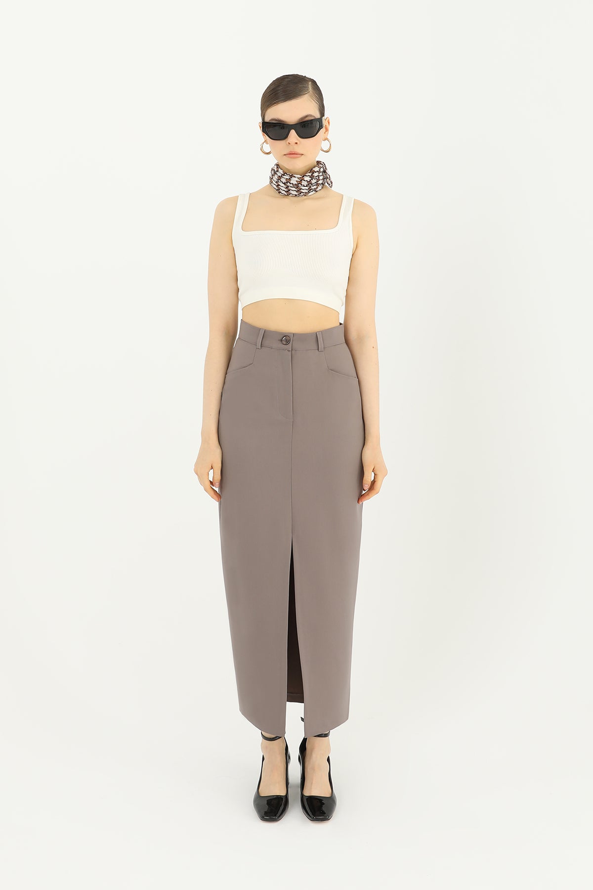 Kadın Önü Yırtmaçlı Kumaş Etek - 31607ETK - MINK