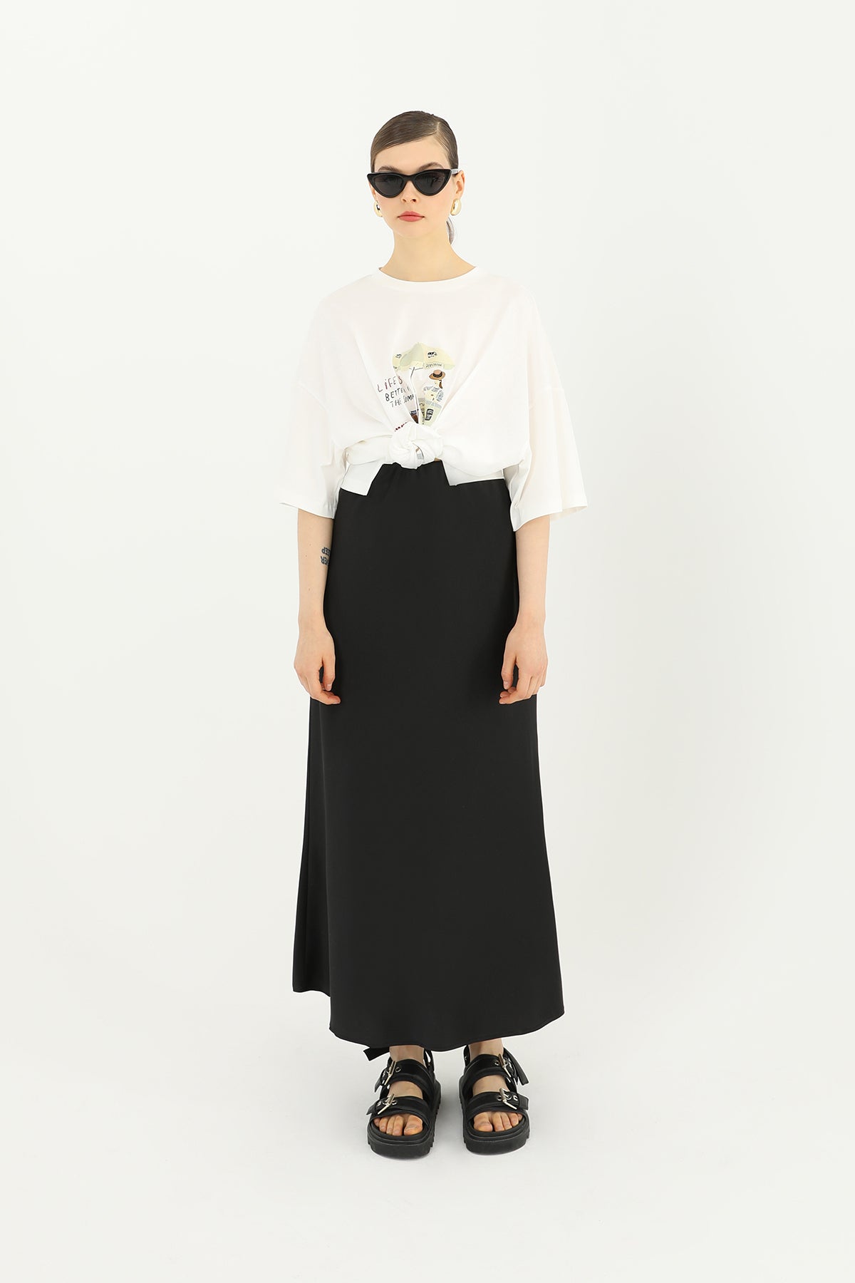 Kadın Saten Uzun Etek - 24S-31614ETK - BLACK