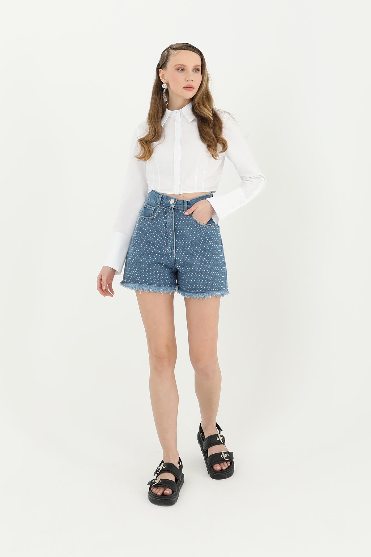 Women's Crop Shirt with Cuffed Sleeve Detail - 31669GML