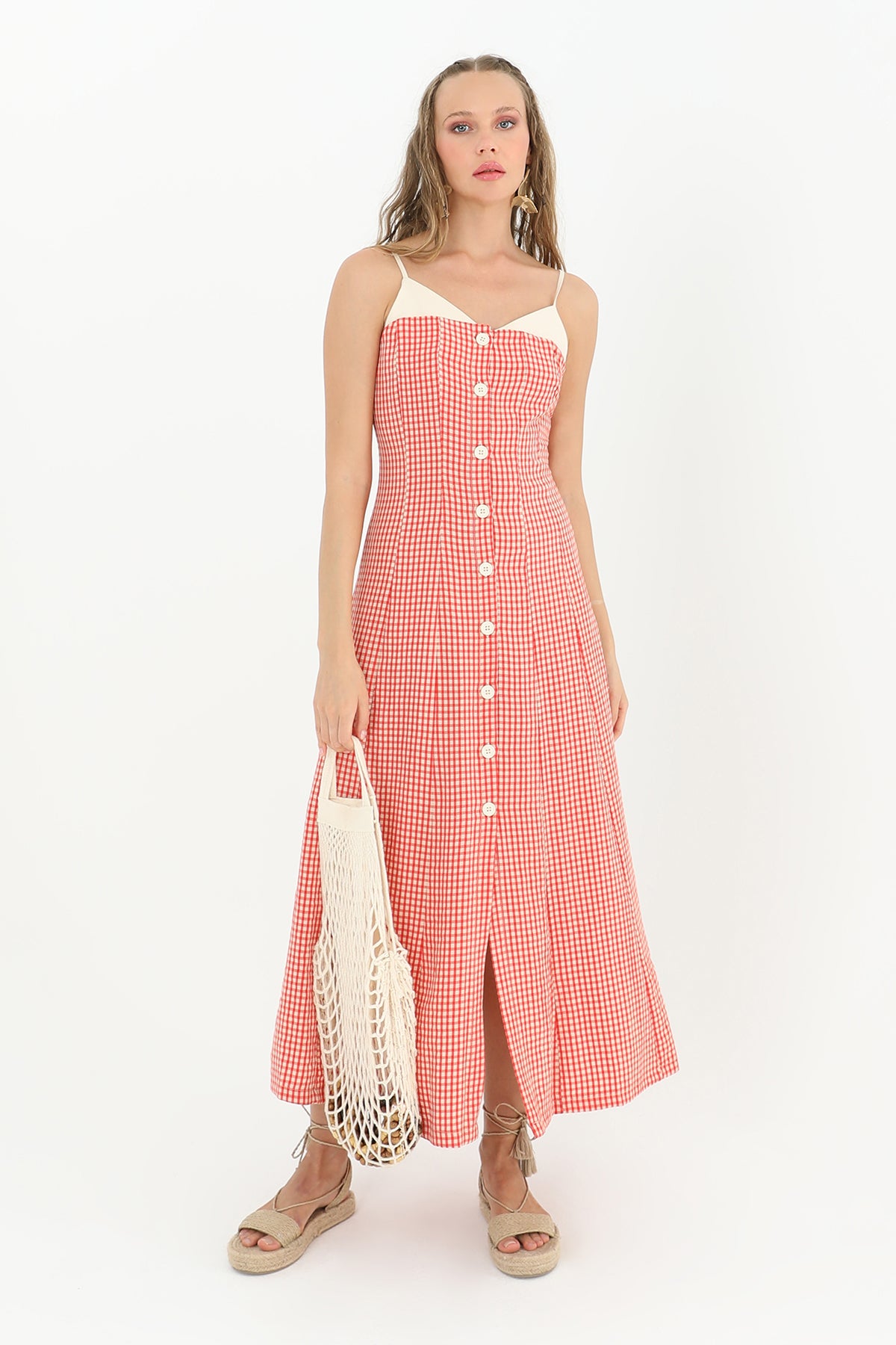 Kadın Askılı Midi Boy Elbise - 31767ELB - LIGHT RED-BEIGE