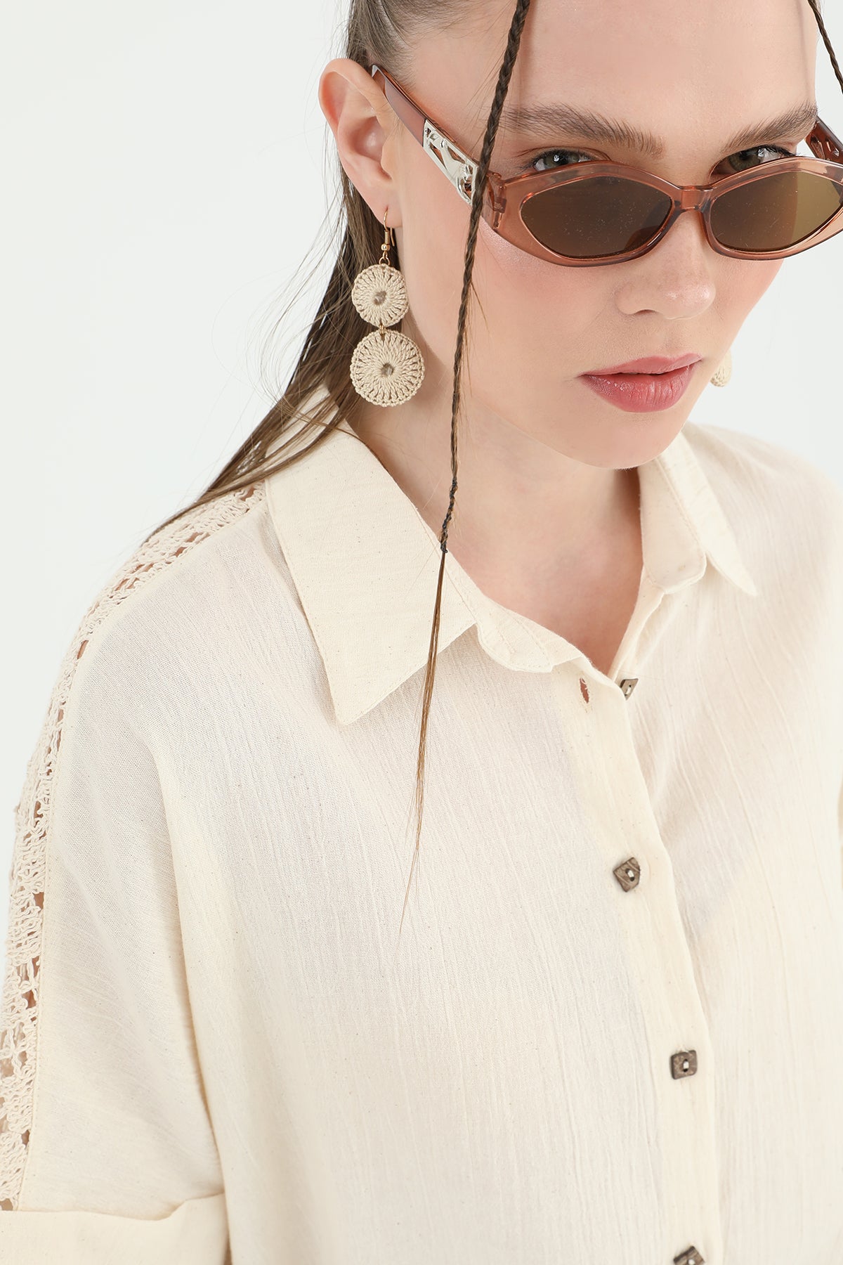 Women's Back Collar Lace Short Sleeve Shirt -24S-31792GML