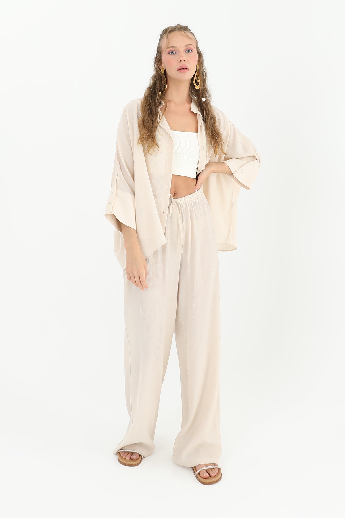 Kadın Belden Bağlamalı Bol Pantolon - 31890PNT - BEIGE
