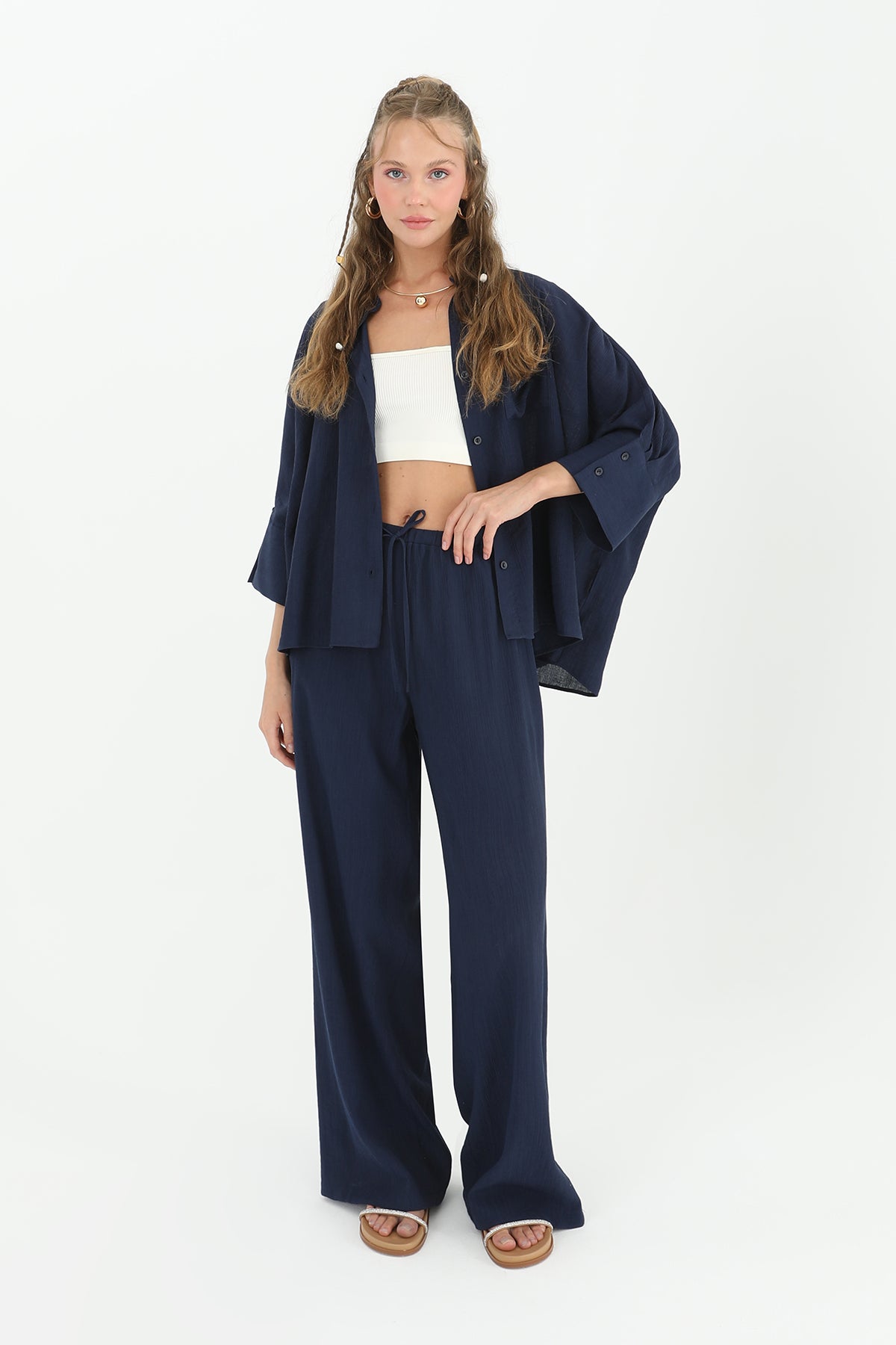 Kadın Belden Bağlamalı Bol Pantolon - 31890PNT - NAVY