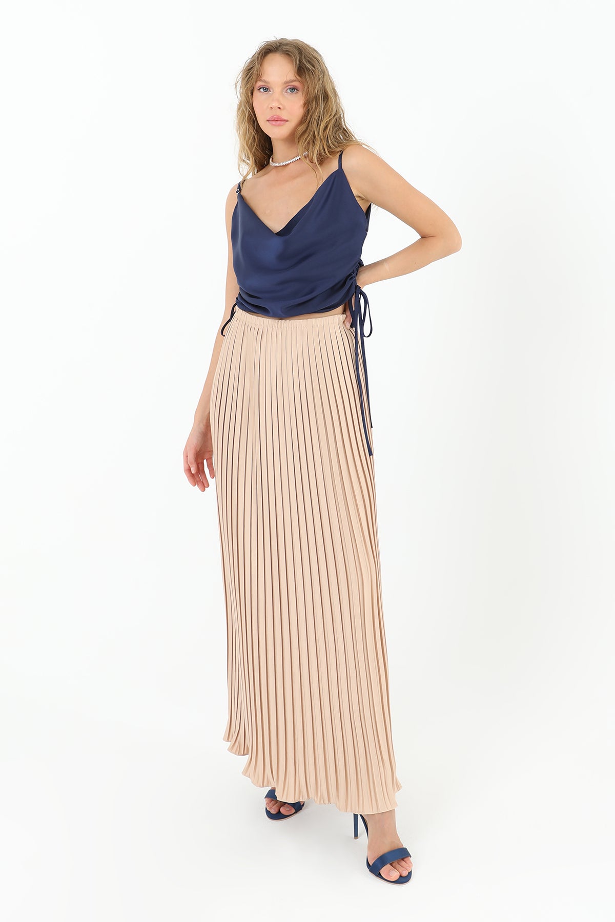 Kadın Pileli Uzun Saten Etek - 31916ETK - BEIGE