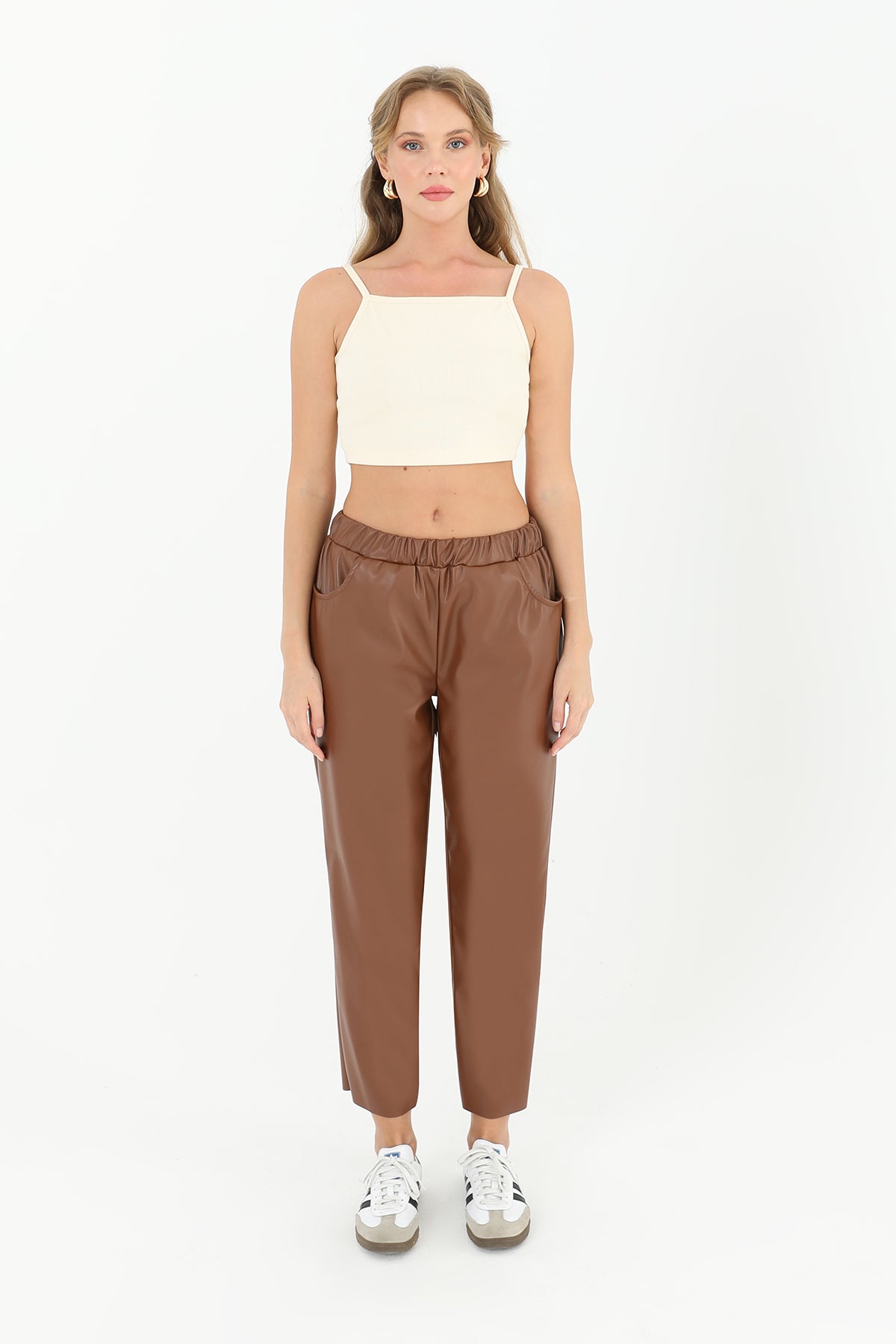 Kadın Beli Lastikli Cep Detaylı Deri Pantolon - 18205PNT - TABA