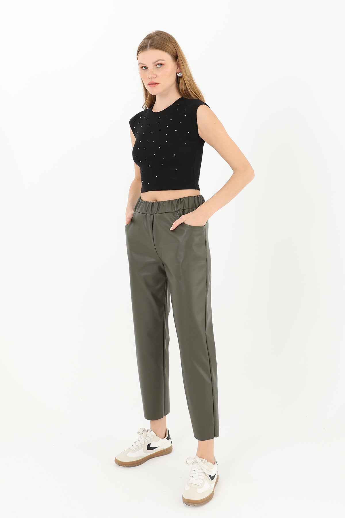 Kadın Beli Lastikli Cep Detaylı Deri Pantolon - 18205PNT - KHAKI