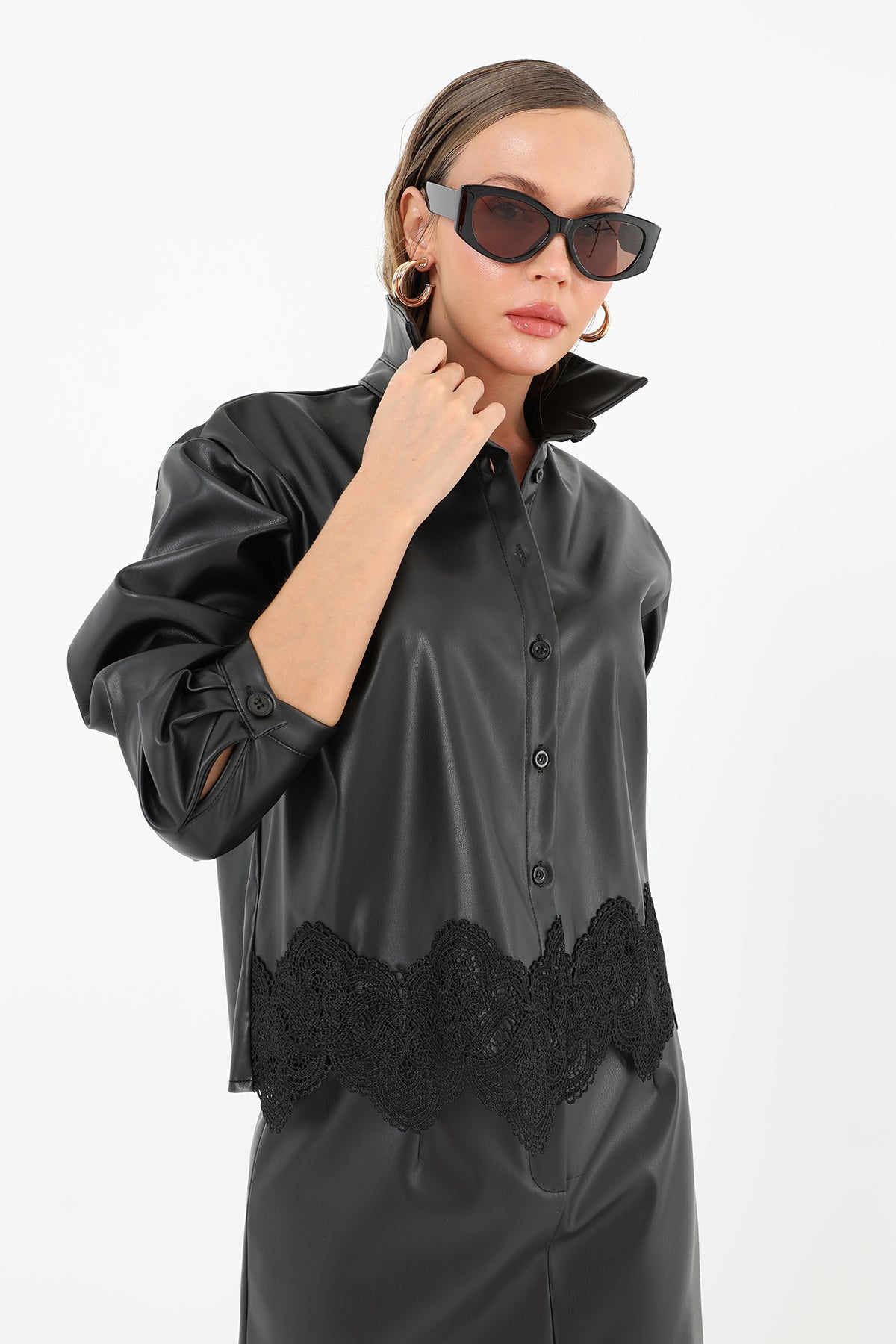 Women's Lace Hem Leather Shirt - 31970GML