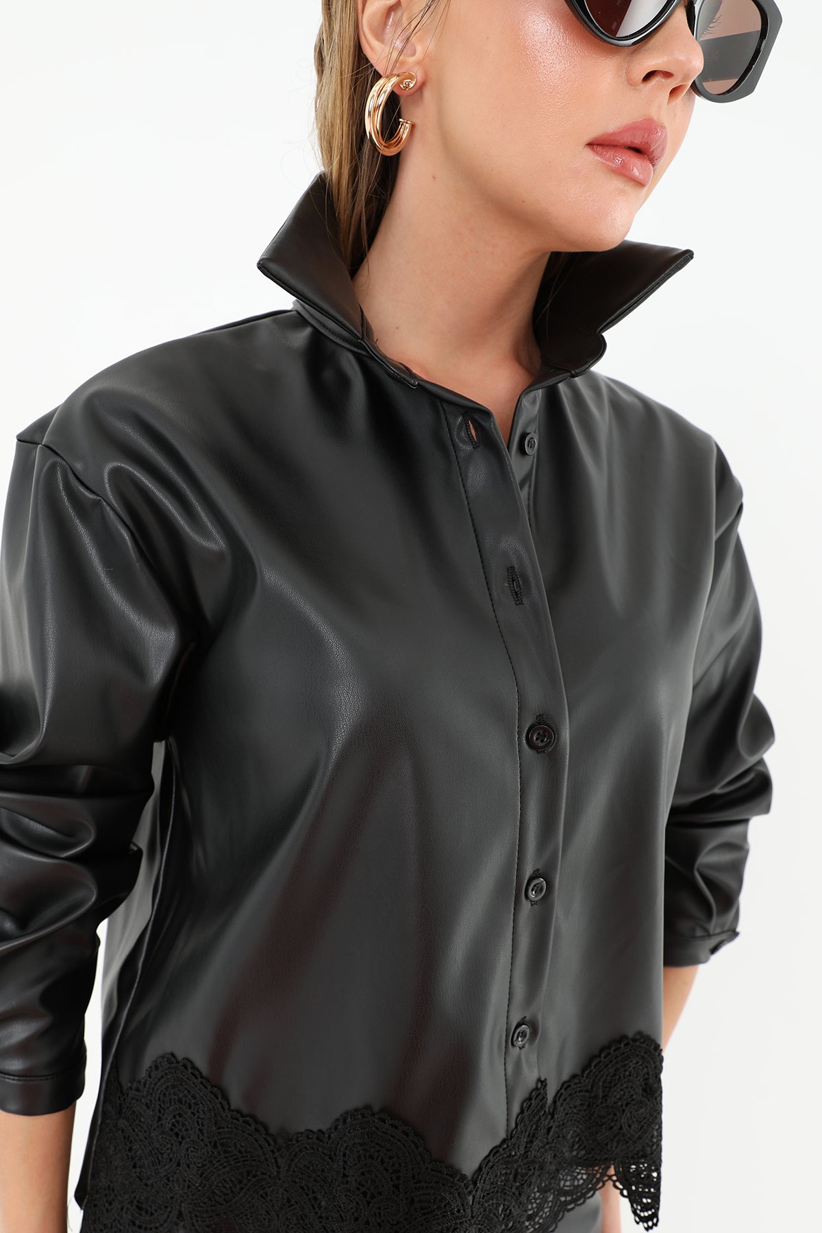 Women's Lace Hem Leather Shirt - 31970GML