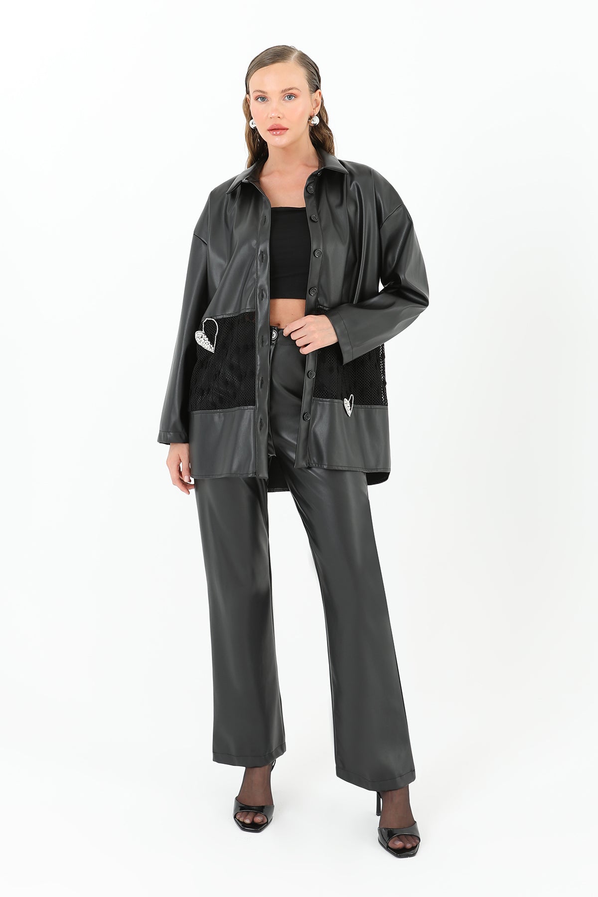 Women's Mesh Detailed Leather Shirt - 31971GML