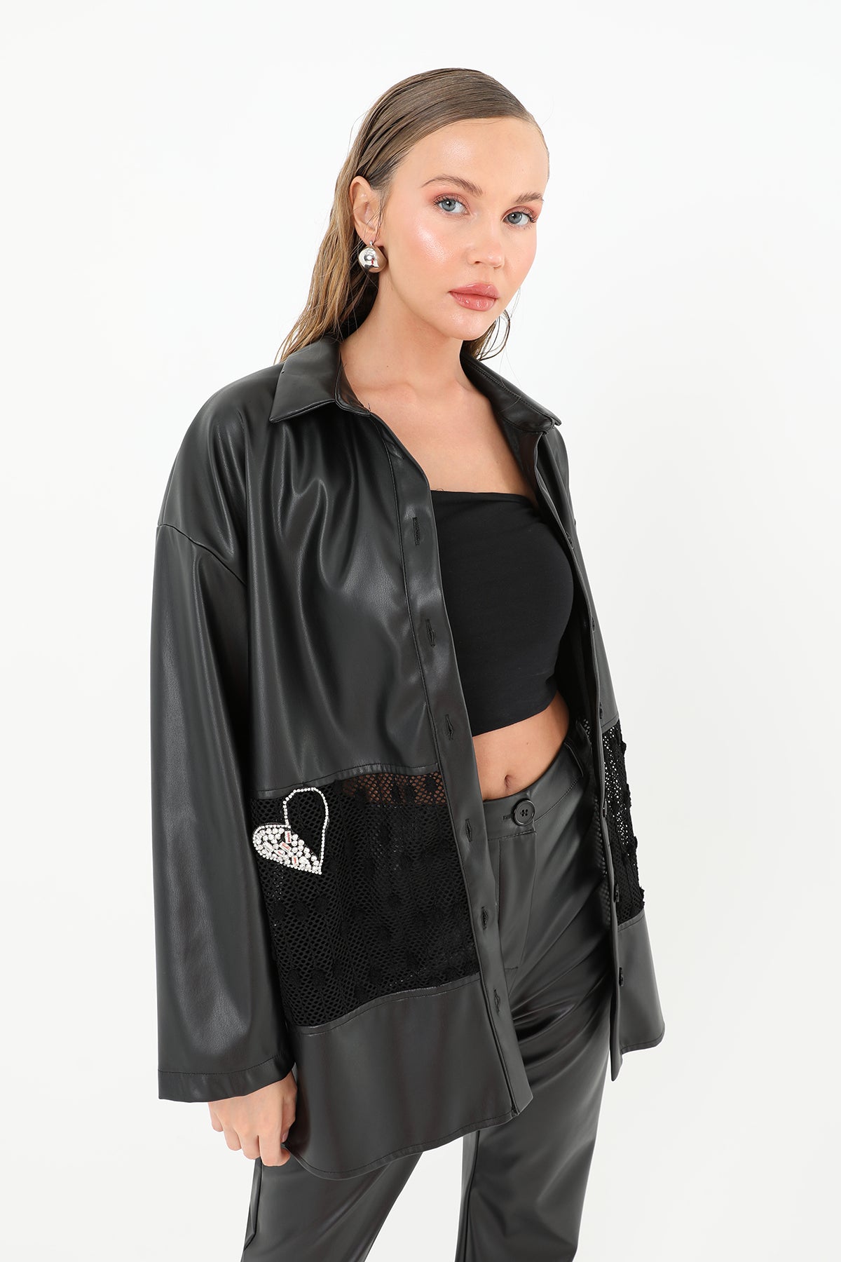 Women's Mesh Detailed Leather Shirt - 31971GML