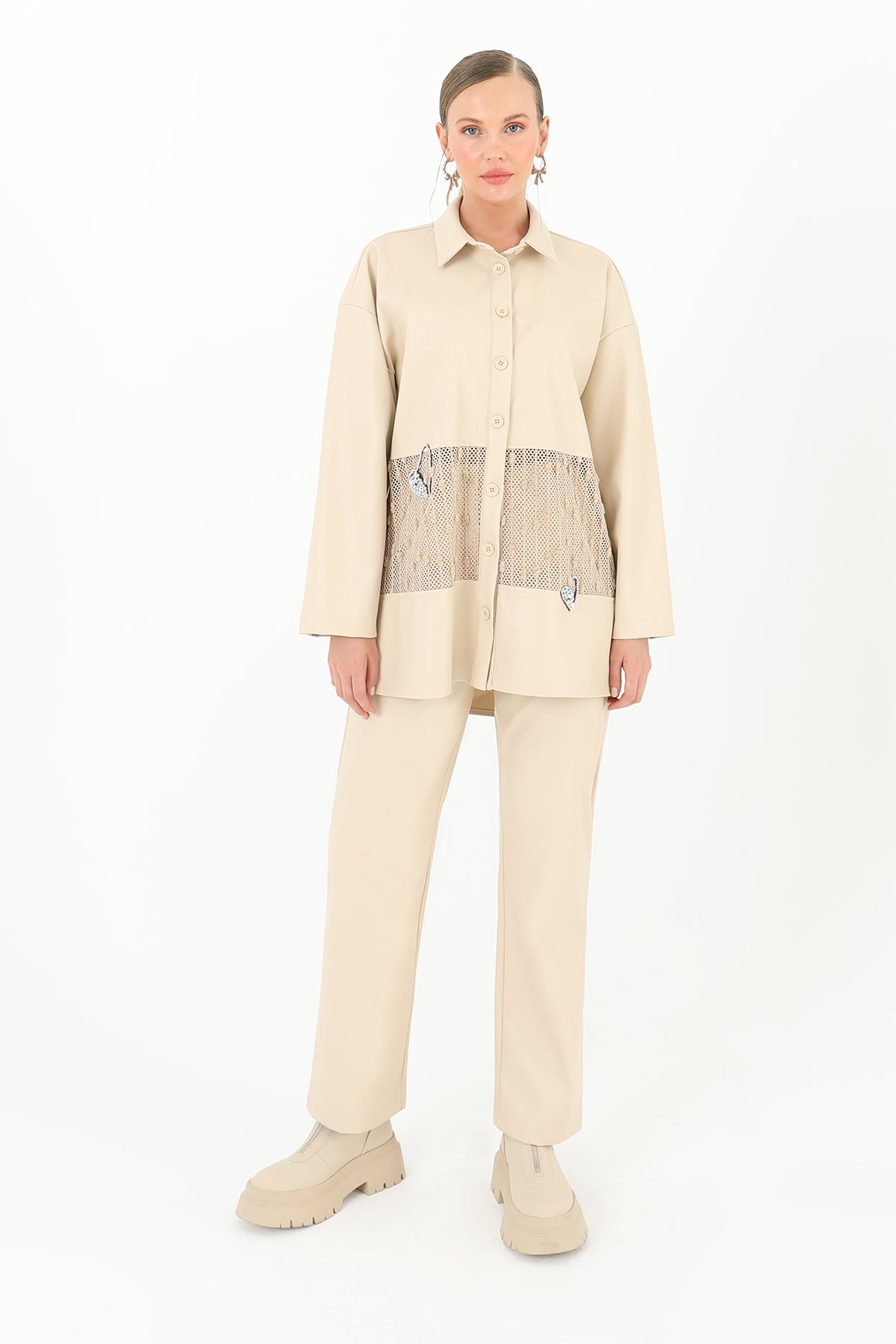 Women's Mesh Detailed Leather Shirt - 31971GML