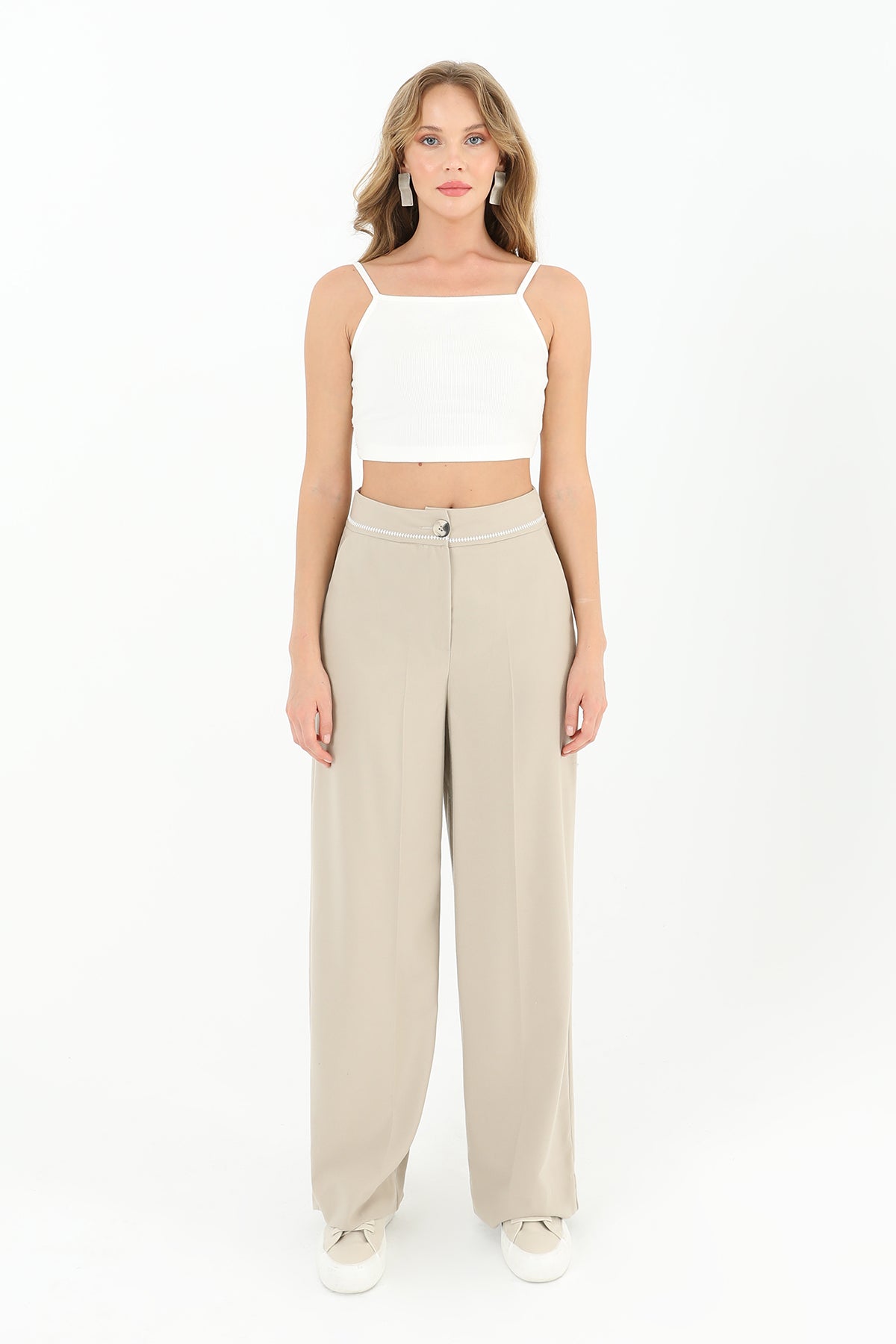 Kadın Beli Nakış Detaylı Geniş Paça Pantolon - 31976PNT - BEIGE