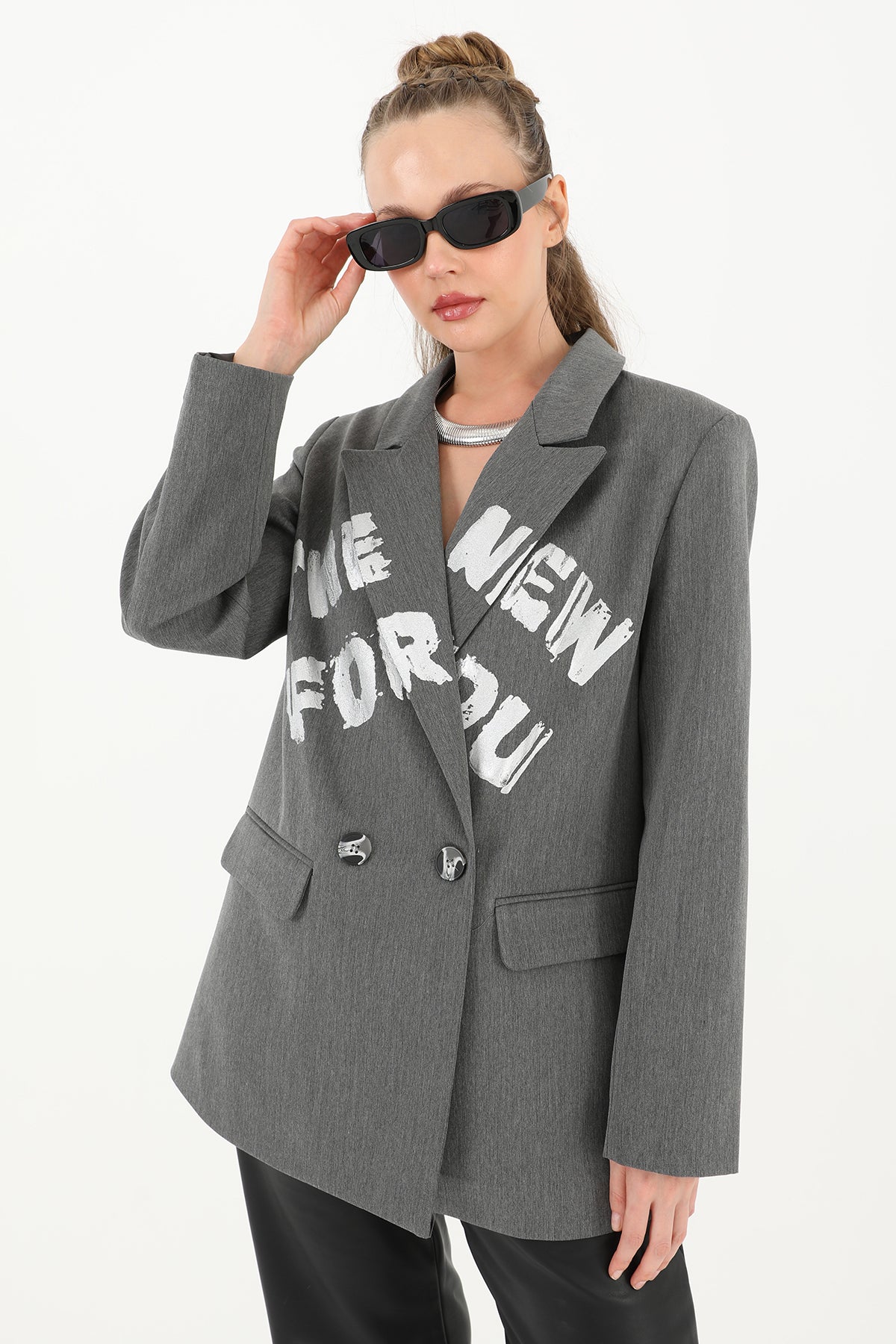 Kadın Yazı Baskılı Blazer Ceket - 31978CKT