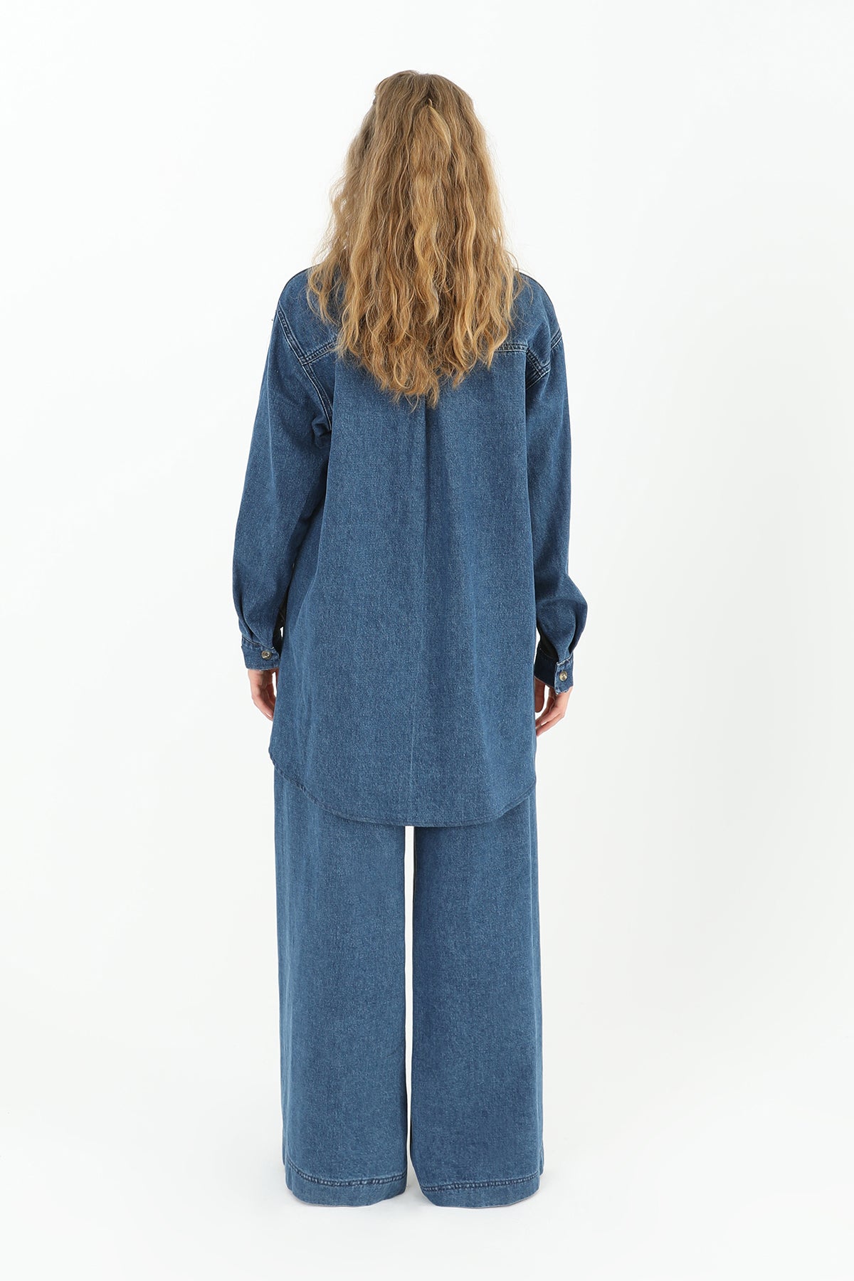 Women's Shirt with Denim Detail and Large Pockets - 31981GML
