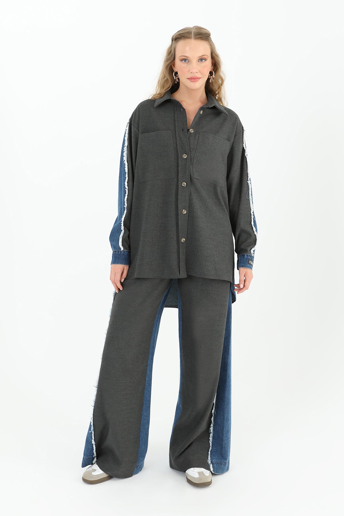 Women's Shirt with Denim Detail and Large Pockets - 31981GML