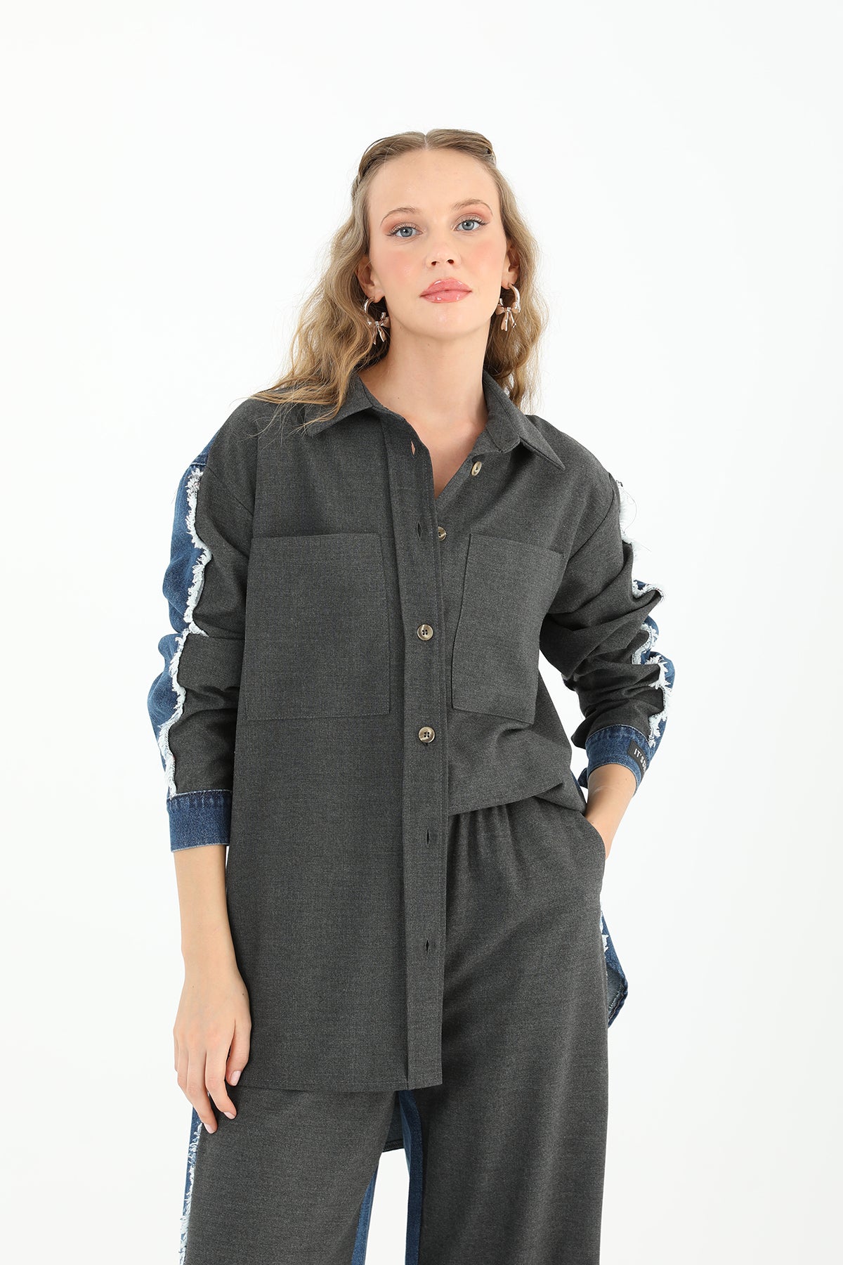 Women's Shirt with Denim Detail and Large Pockets - 31981GML