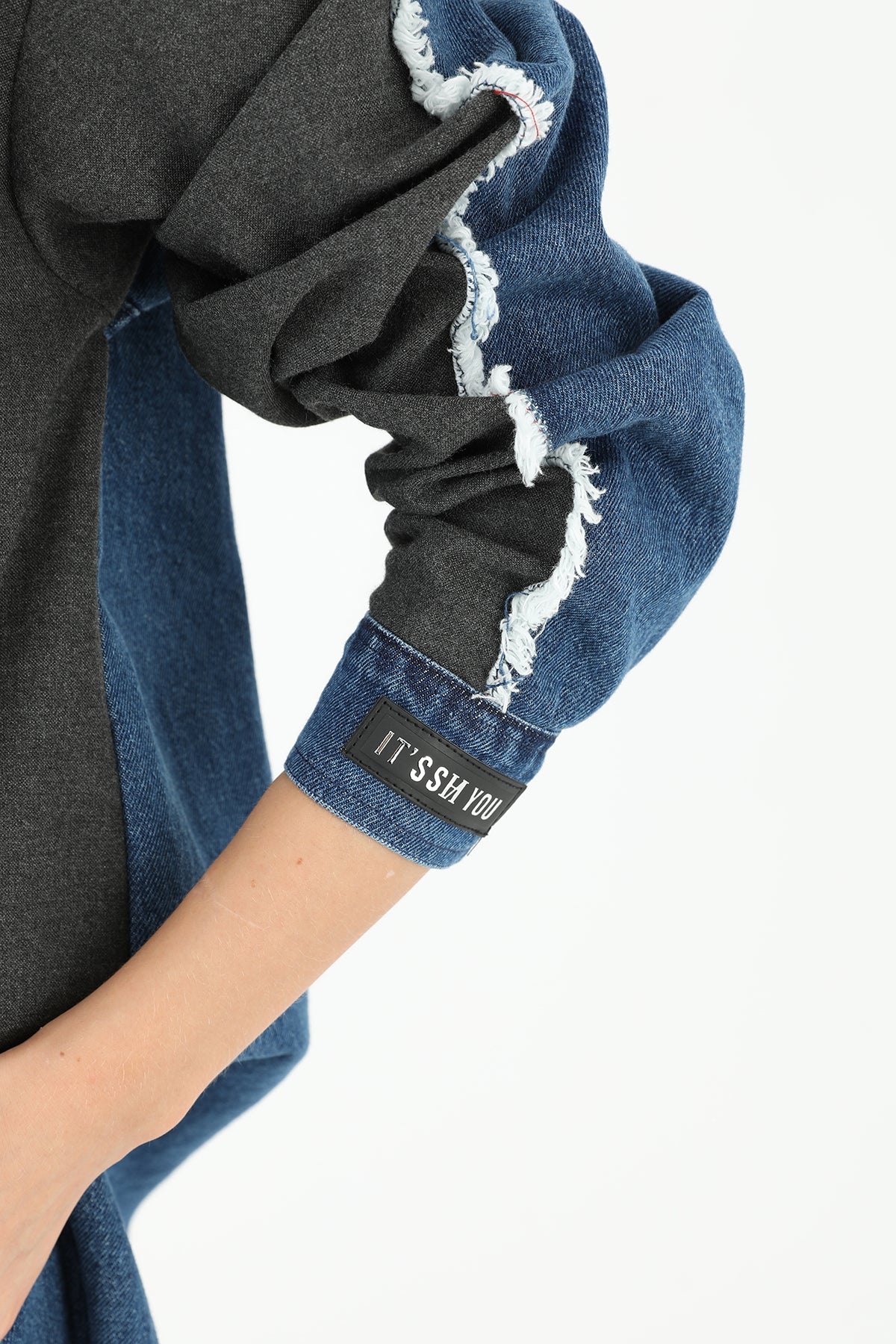 Women's Shirt with Denim Detail and Large Pockets - 31981GML