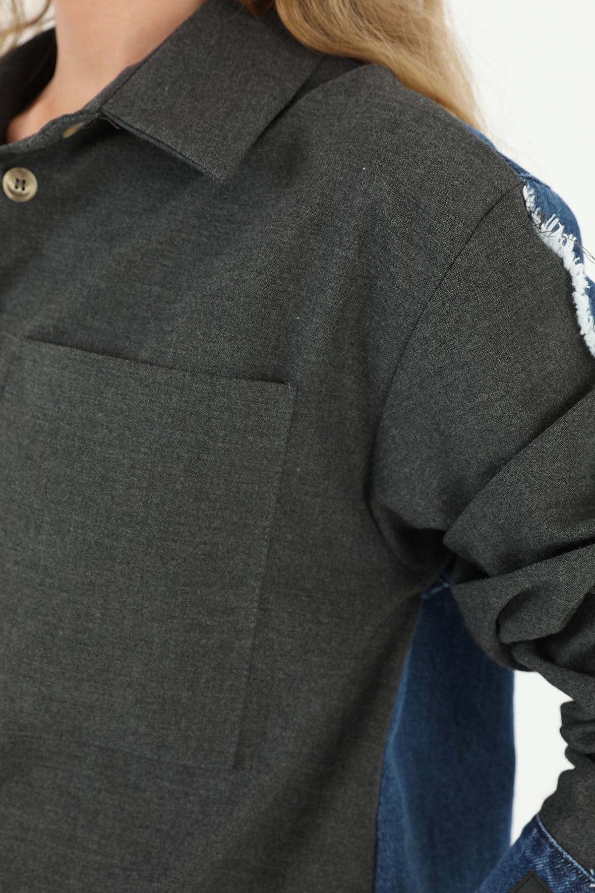 Women's Shirt with Denim Detail and Large Pockets - 31981GML