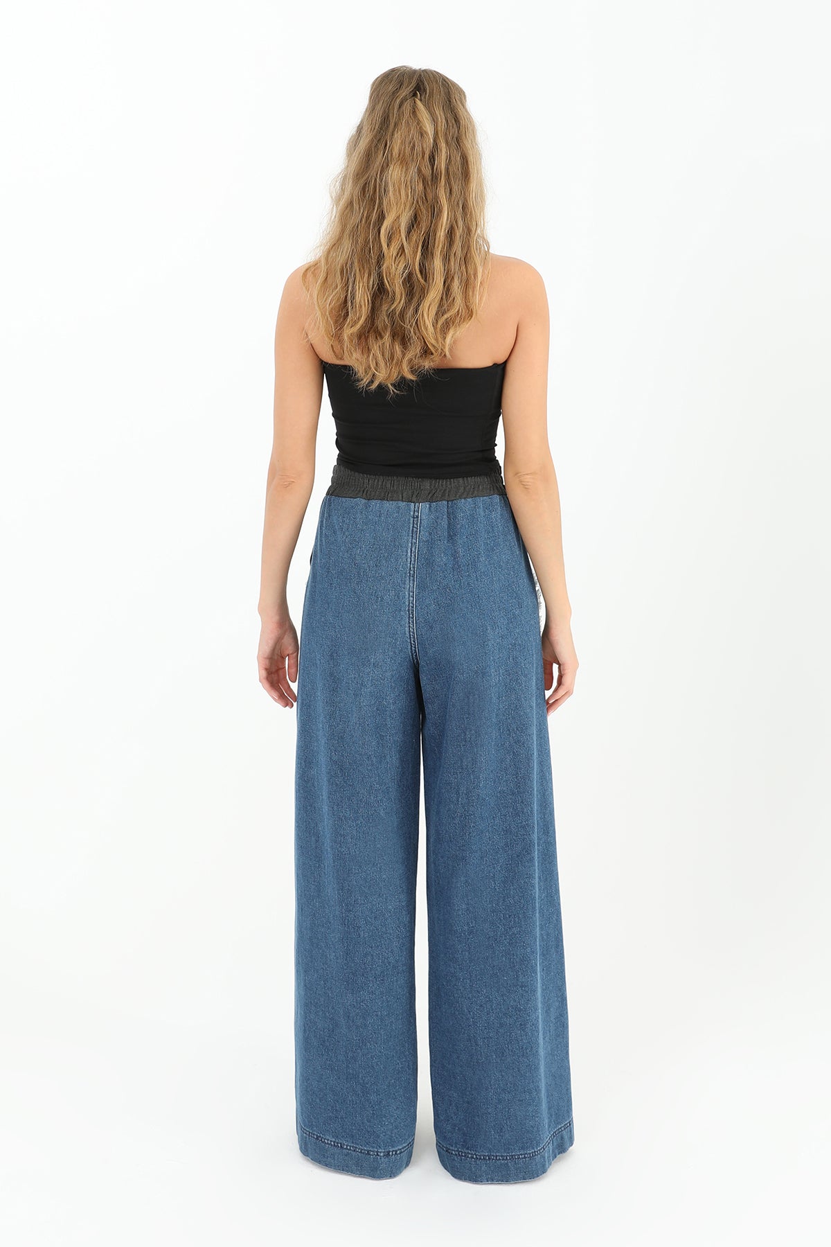 Women's Wide Leg Trousers with Denim Side Detail - 31982PNT