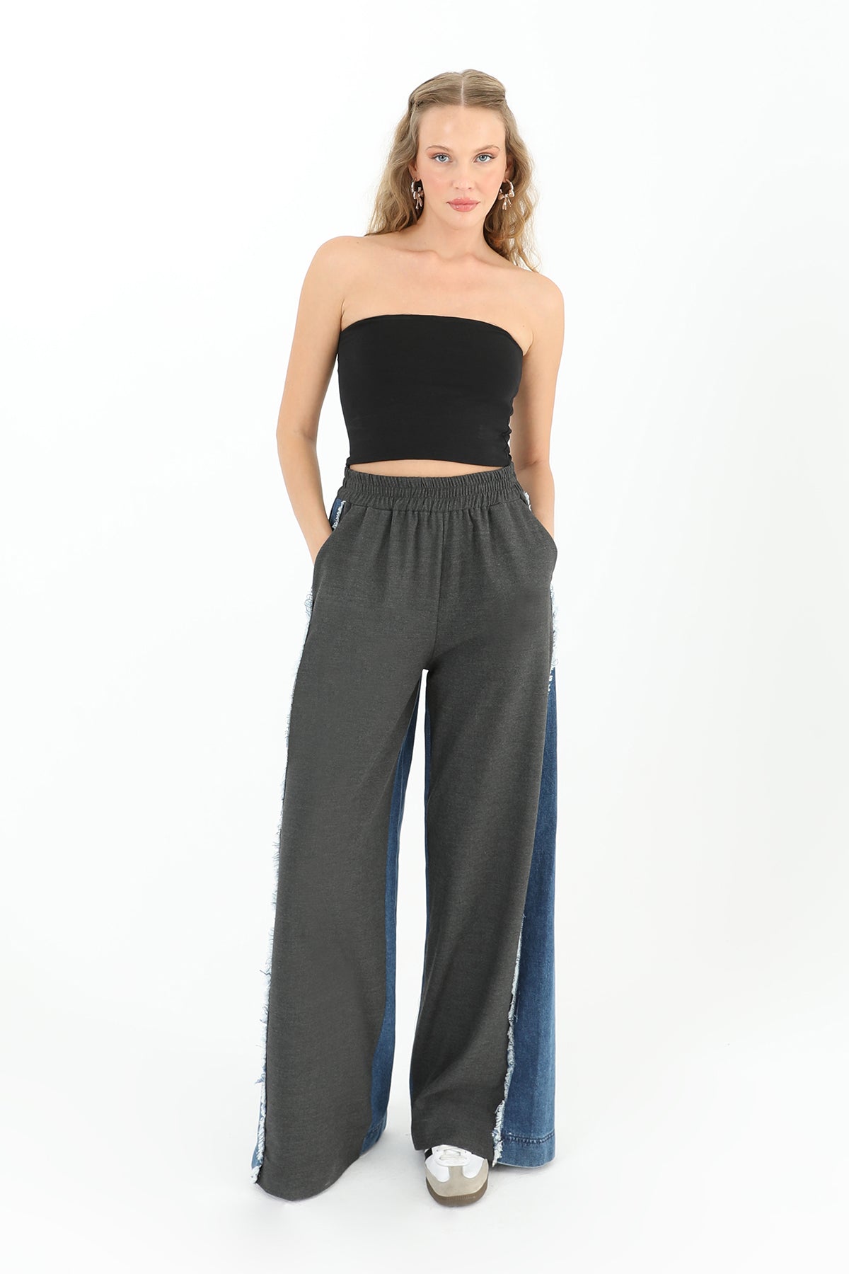 Women's Wide Leg Trousers with Denim Side Detail - 31982PNT