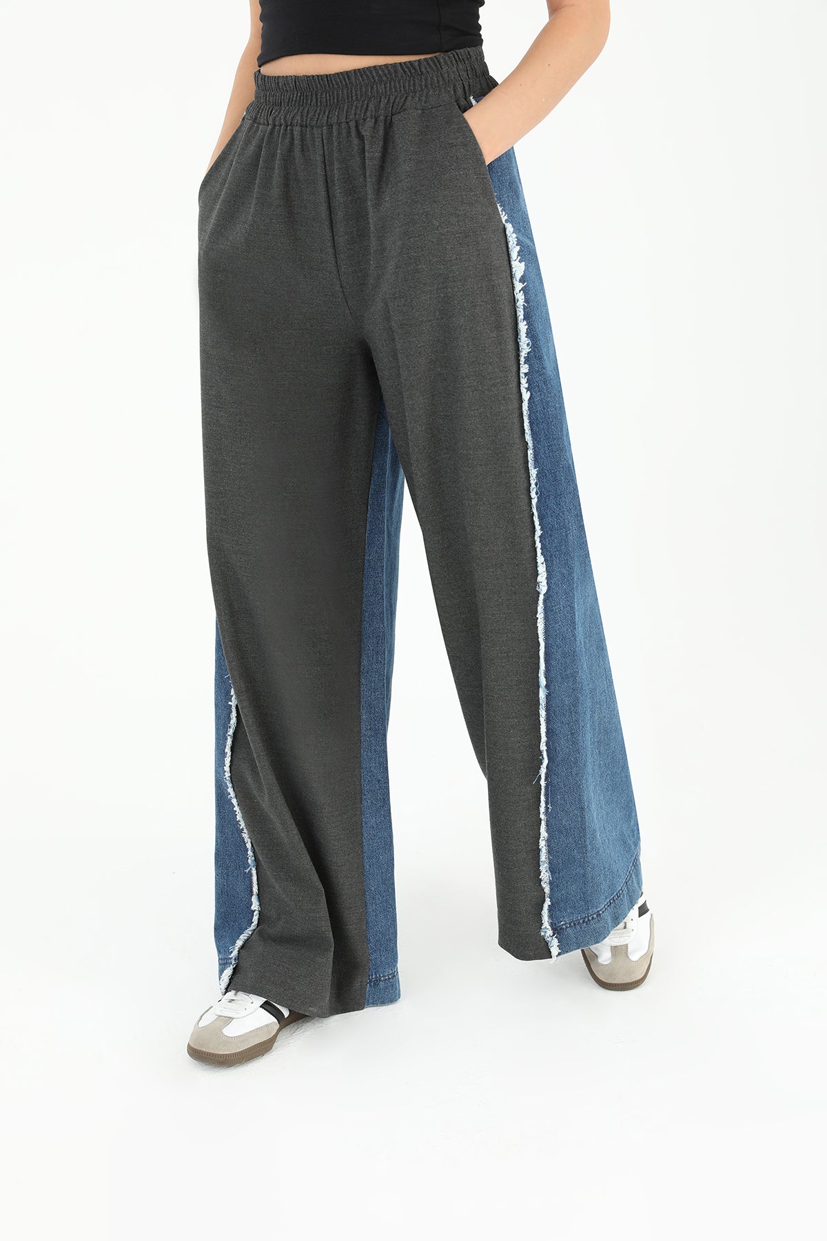 Women's Wide Leg Trousers with Denim Side Detail - 31982PNT