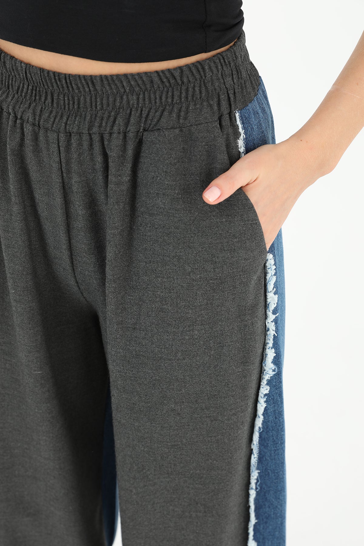 Women's Wide Leg Trousers with Denim Side Detail - 31982PNT