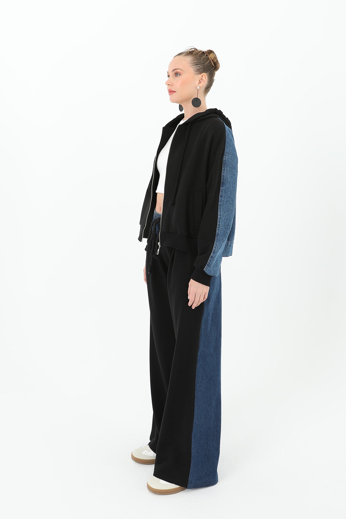 Women's Wide Leg Trousers with Denim Back and Knitwear Front - 31992PNT