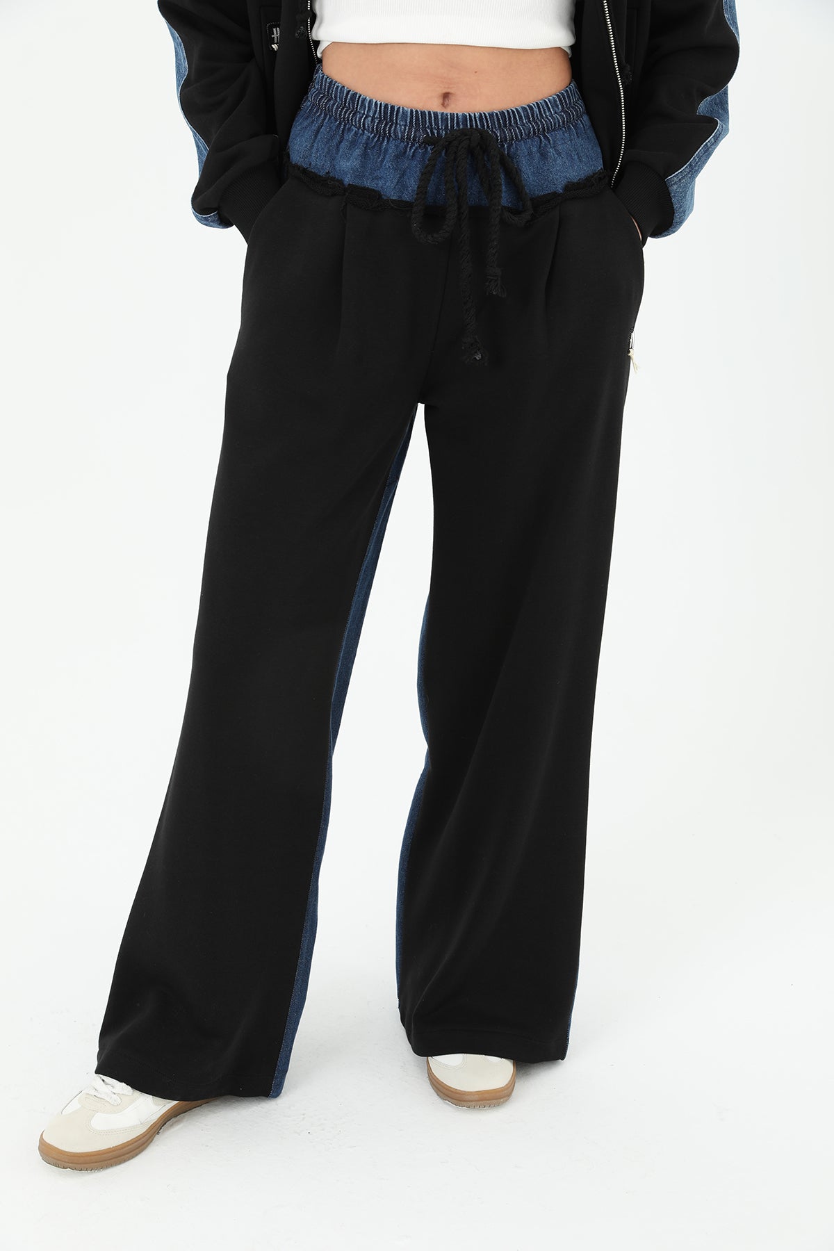 Women's Wide Leg Trousers with Denim Back and Knitwear Front - 31992PNT