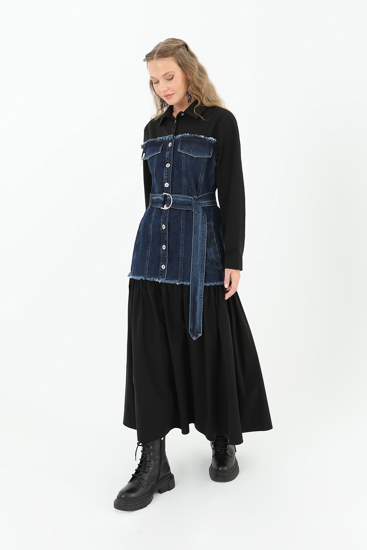 Denim Detailed Belted Long Dress - 32008ELB