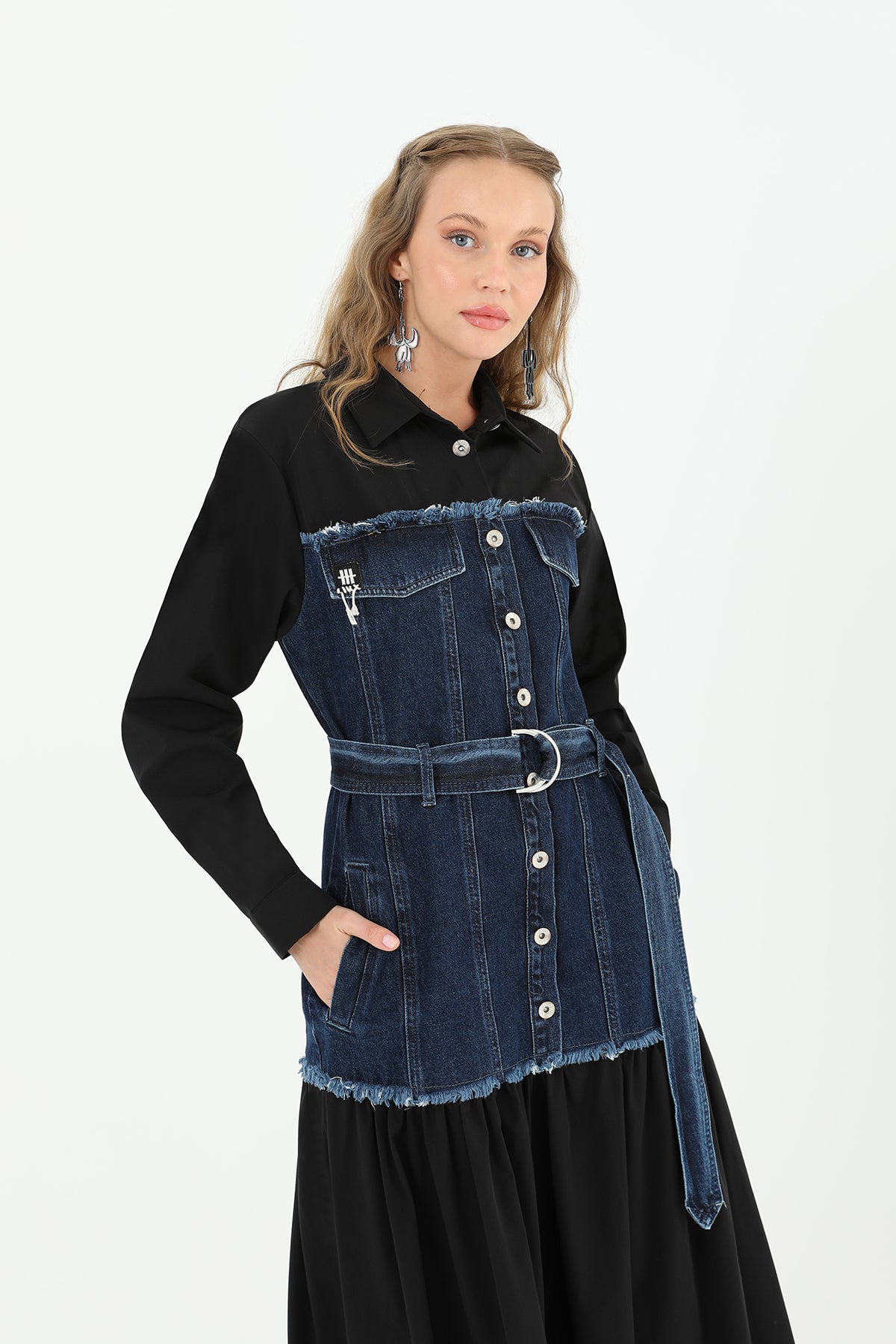 Denim Detaylı Kemerli Uzun Elbise - 32008ELB