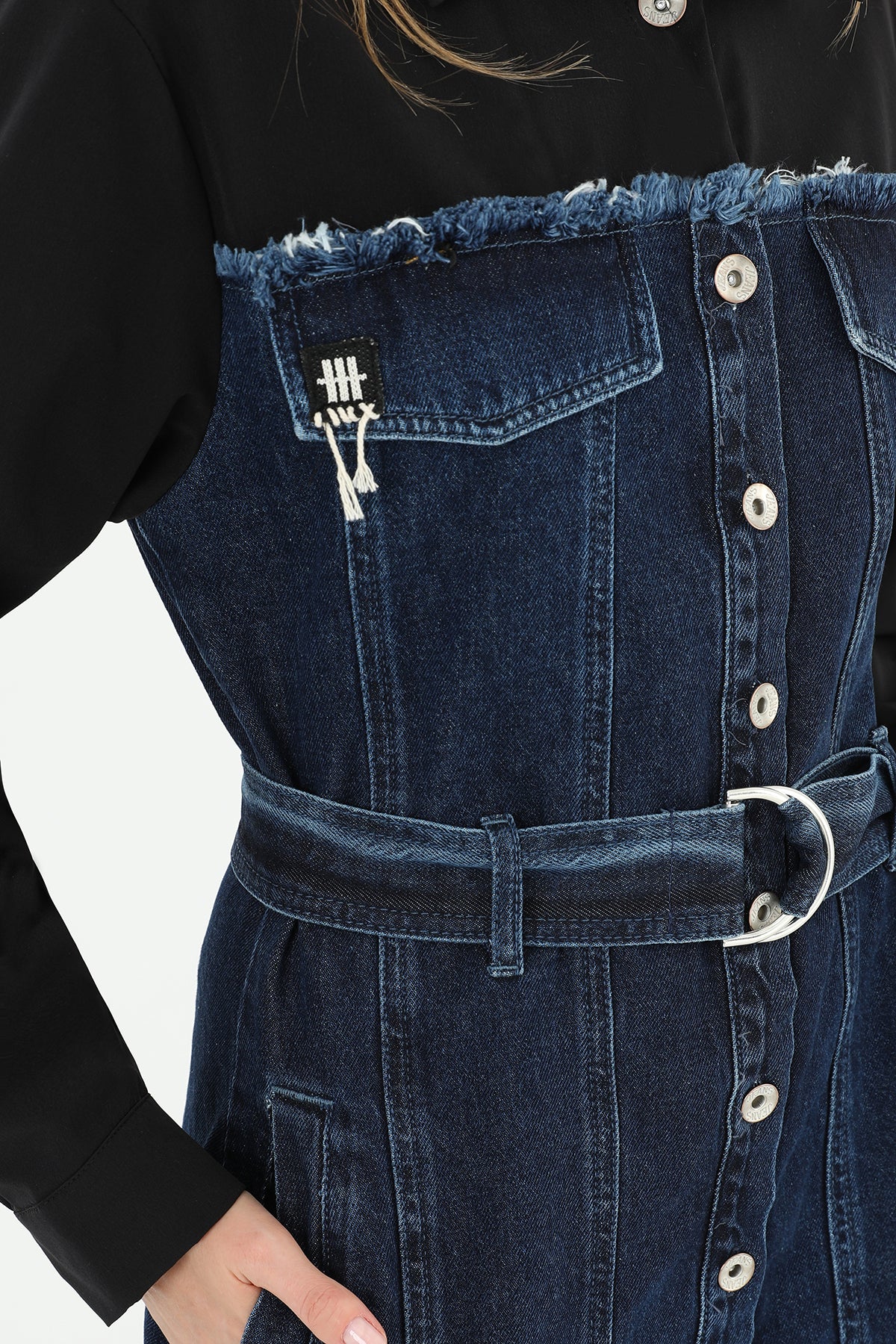 Denim Detaylı Kemerli Uzun Elbise - 32008ELB