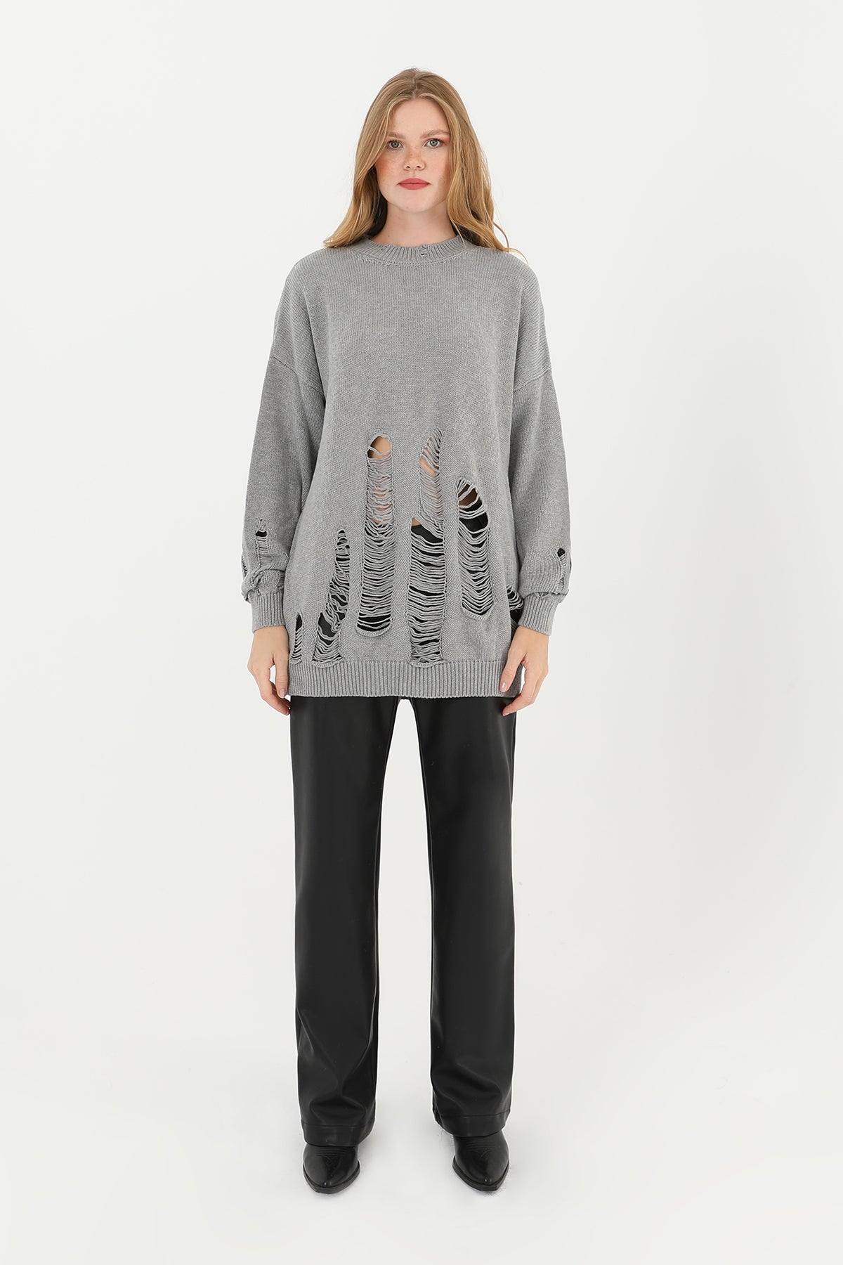 Kadın Yırtıklı Triko Tunik - 32034TUN - GREY