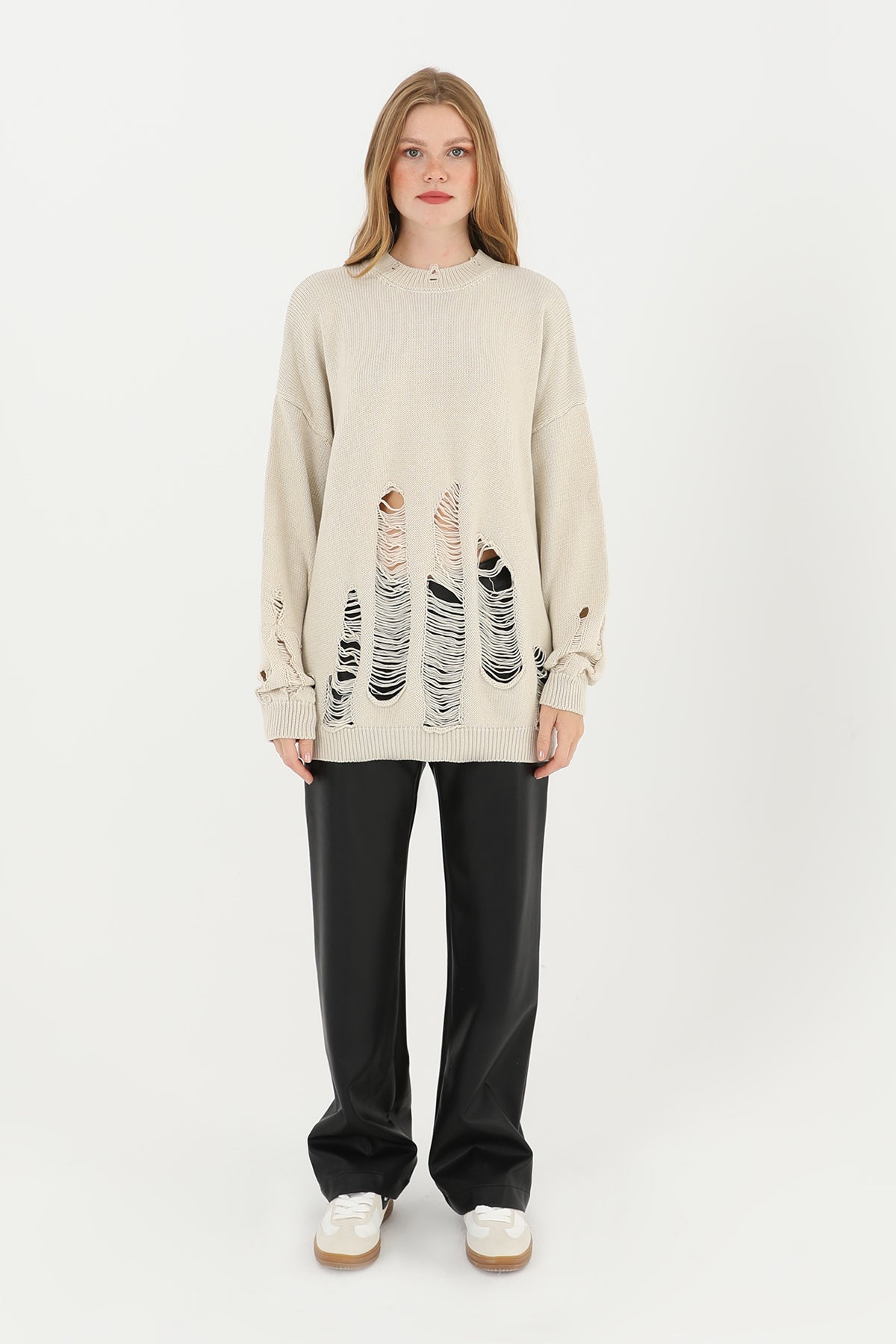 Kadın Yırtıklı Triko Tunik - 32034TUN - BEIGE