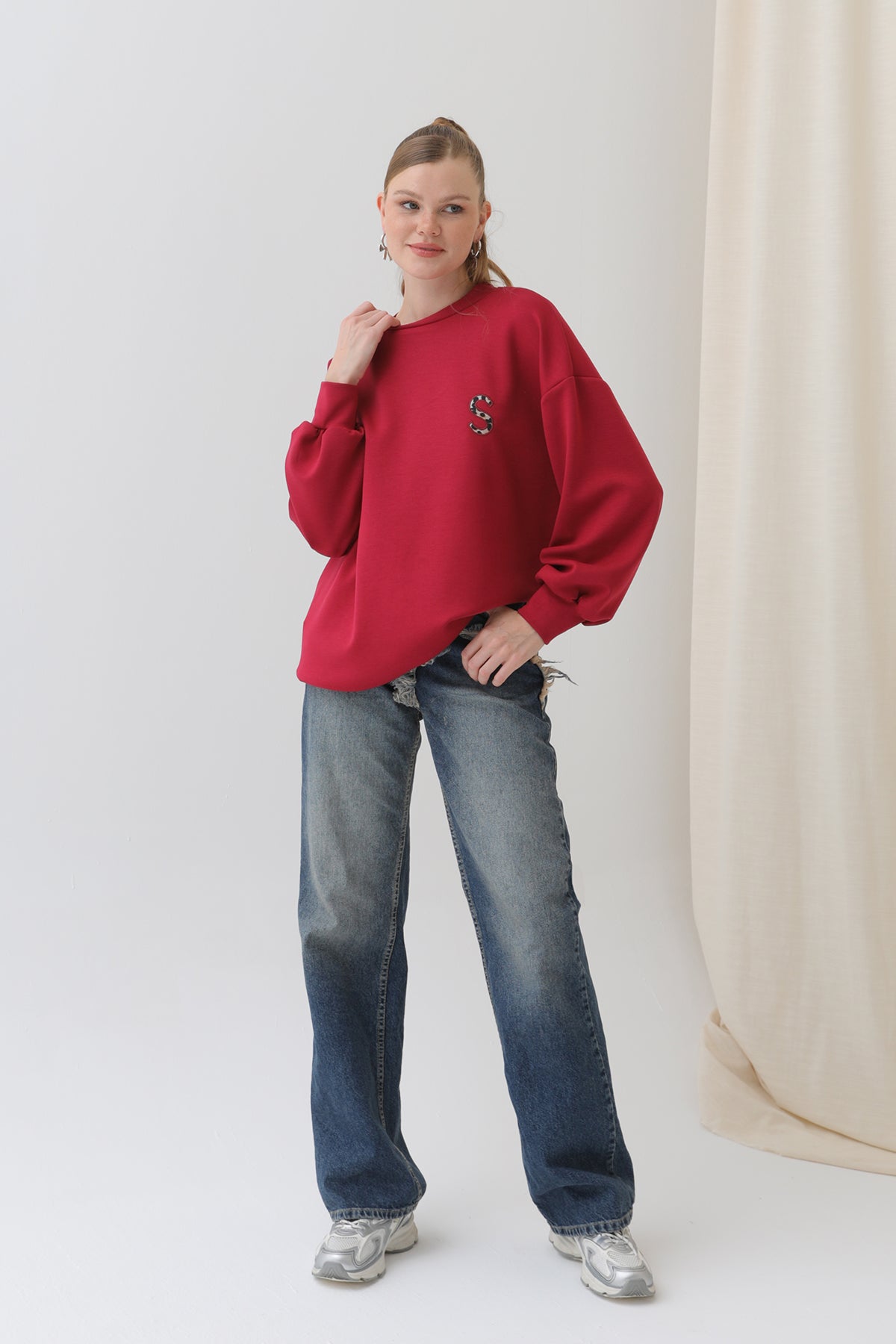 Kadın Arkası Leopar Detaylı Sweatshirt-32112SWT - BURGUNDY