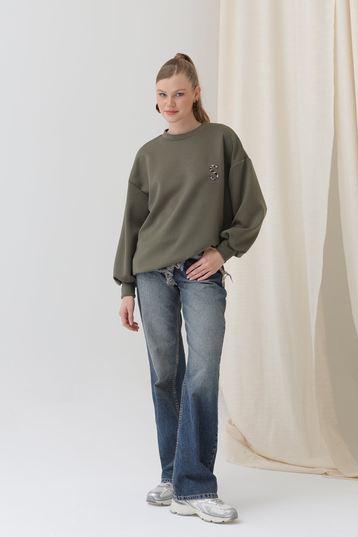 Kadın Arkası Leopar Detaylı Sweatshirt-32112SWT - KHAKI