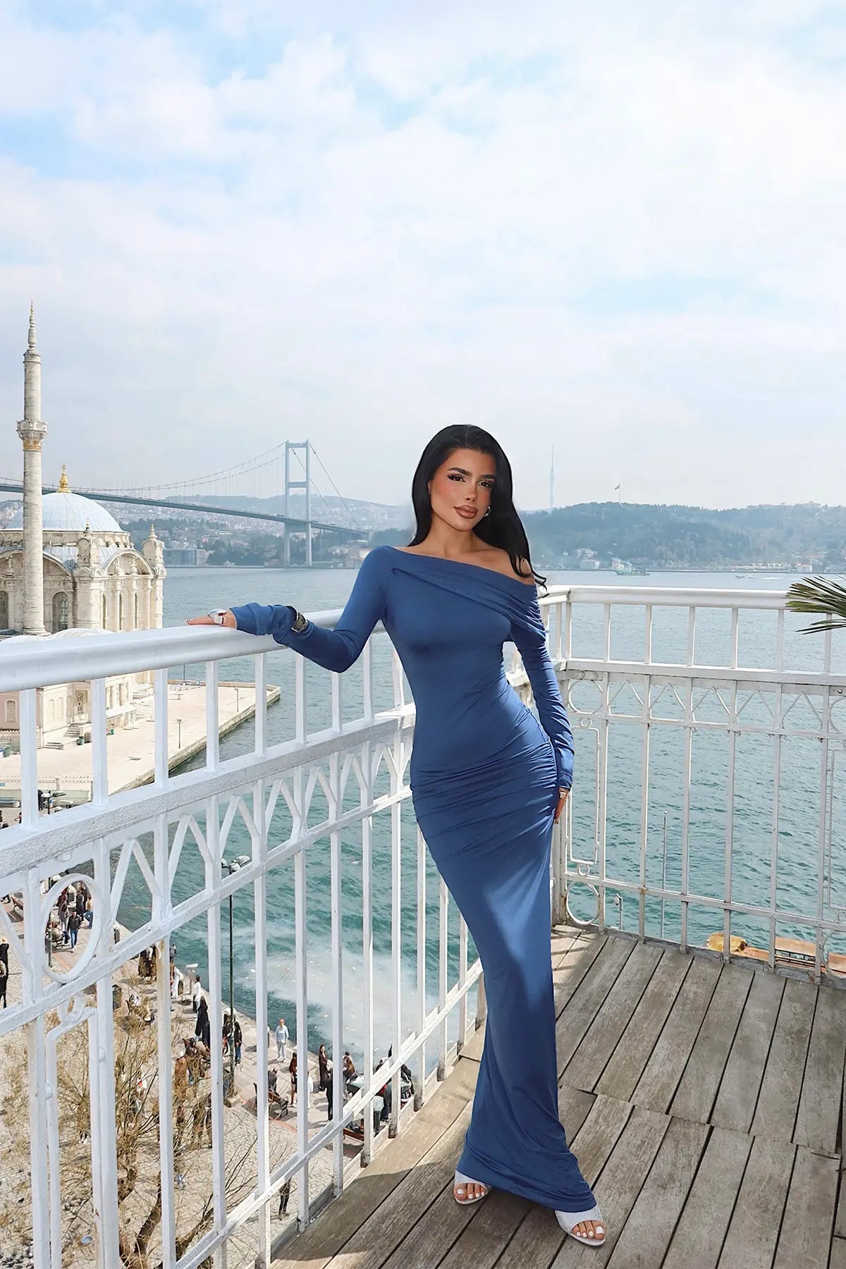 İndigo Omuz Detay Uzun Elbise