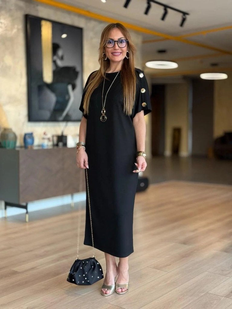 Women's Short Sleeve Crew Neck Viscose Two-Thread Maxi Dress with Shoulder Buttons, 31242