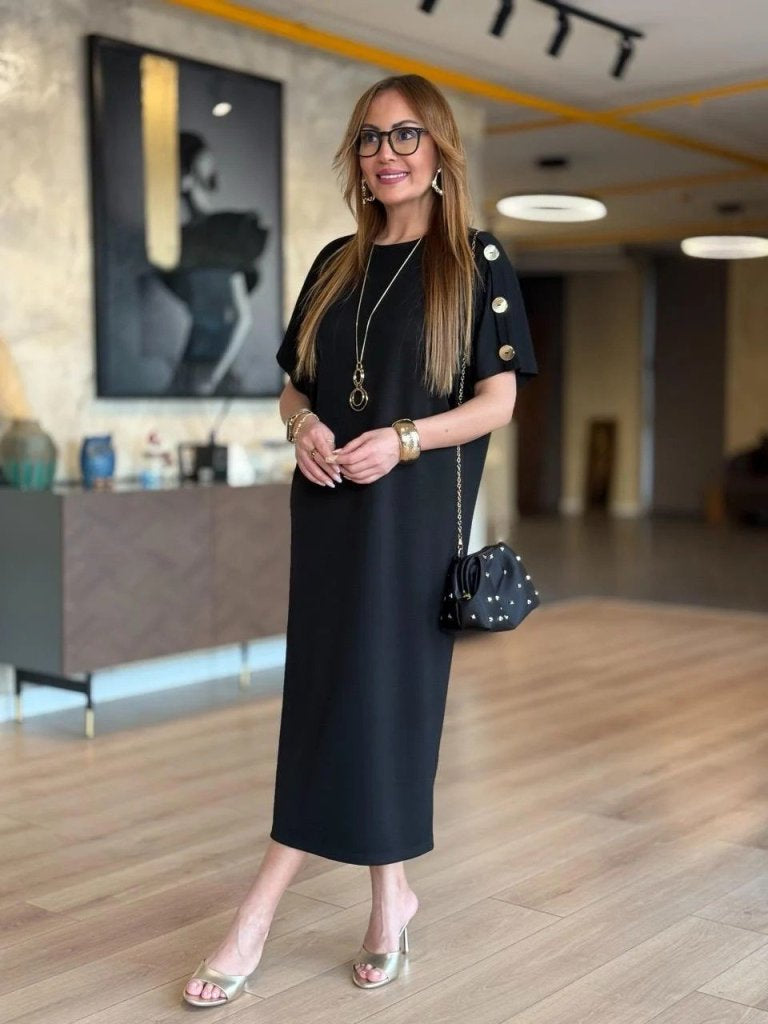 Women's Short Sleeve Crew Neck Viscose Two-Thread Maxi Dress with Shoulder Buttons, 31242