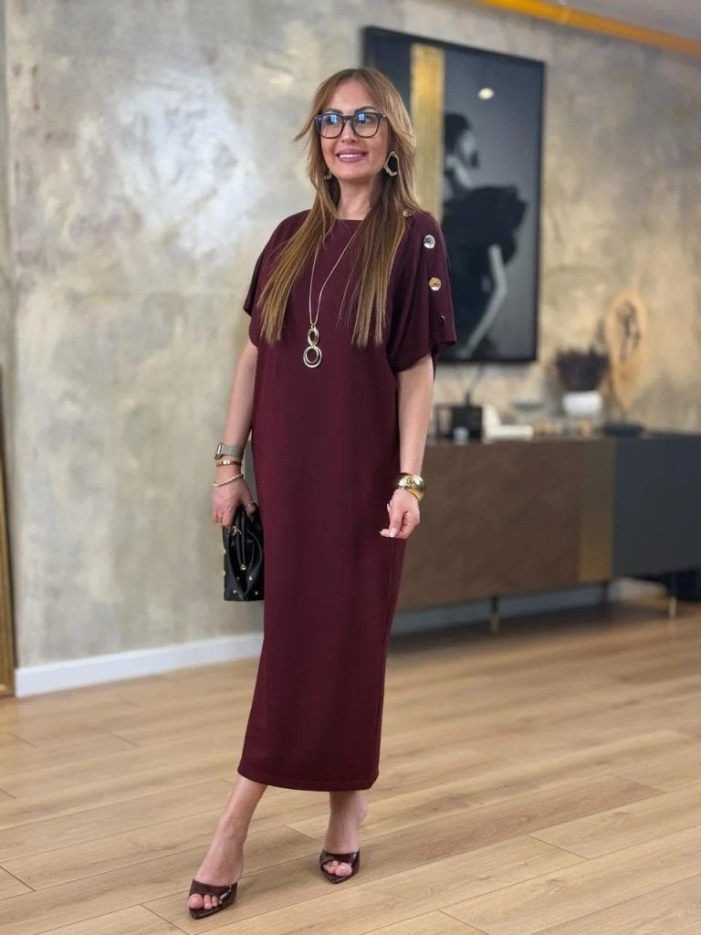Women's Short Sleeve Crew Neck Shoulder Buttoned Long Viscose Two Yarn Dress, 31240