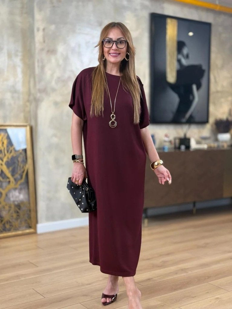 Women's Short Sleeve Crew Neck Shoulder Buttoned Long Viscose Two Yarn Dress, 31240